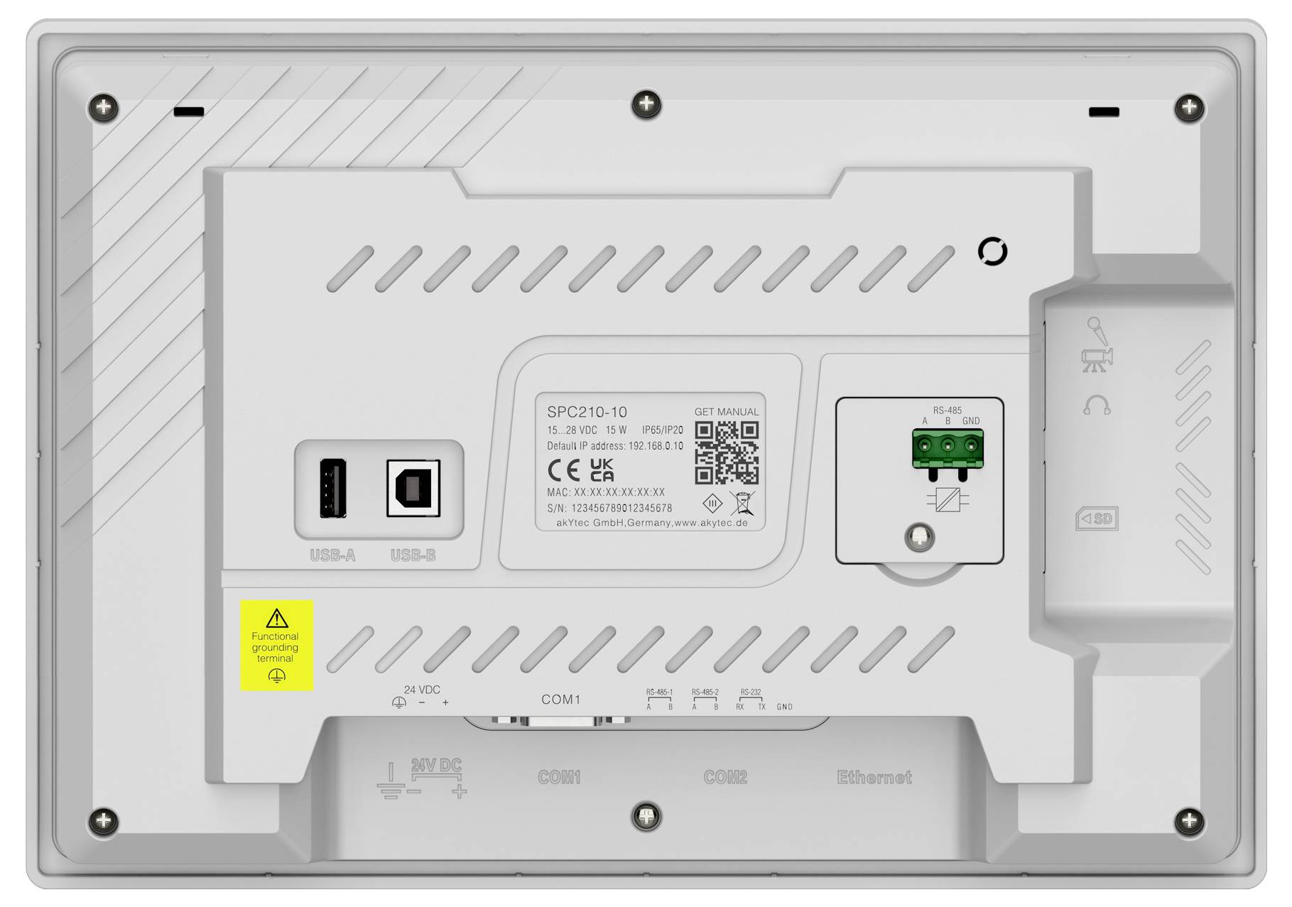 Elektronikus eszköz hátsó paneljének ábrázolása, amely tartalmazza a portokat, figyelmeztető címkét és a típusinformációkat S7-12 SIPLUS, beleértve a vonalkódot és QR-kódot.