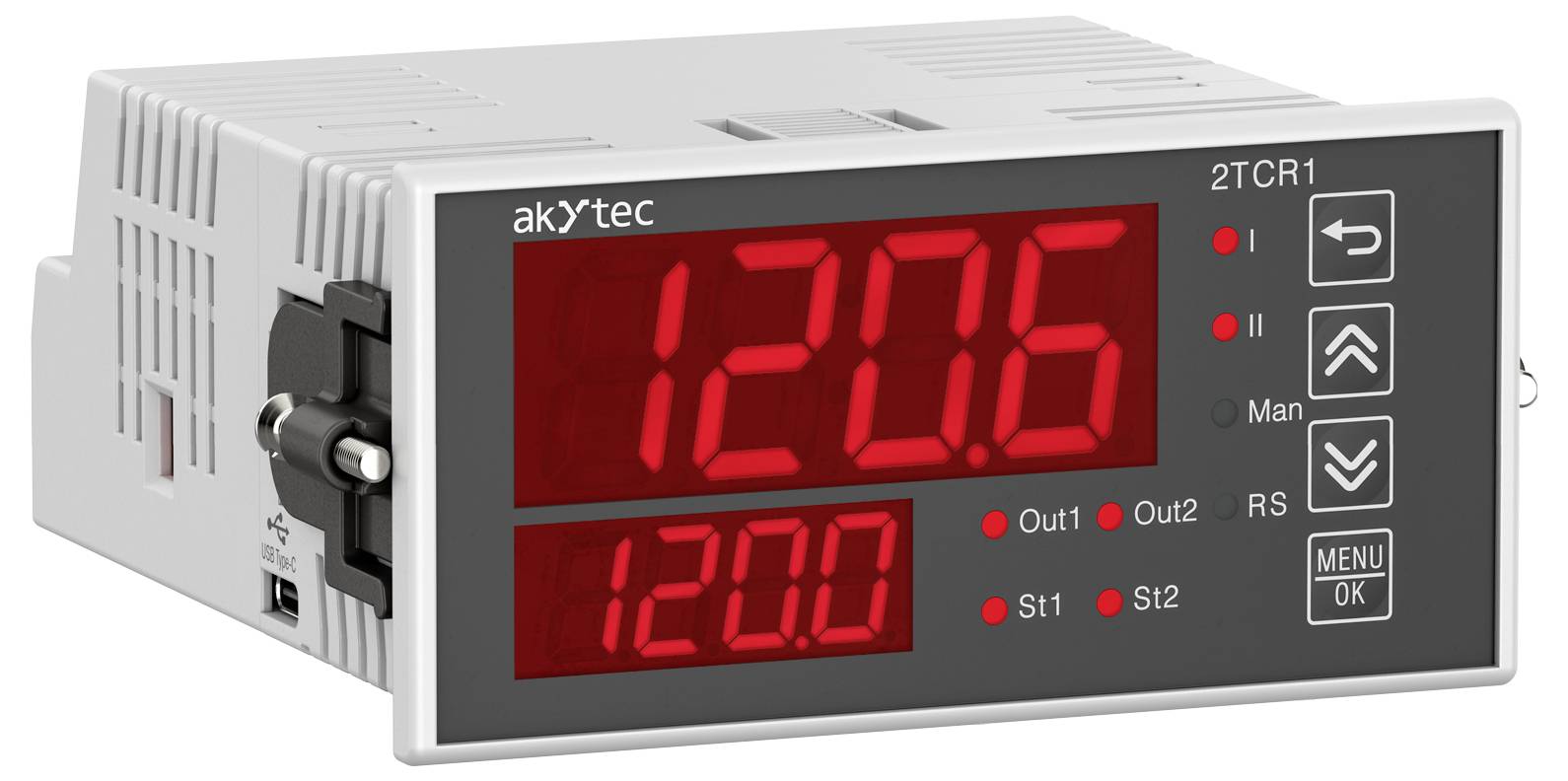 'akytec' digitális hőmérséklet-szabályozó, amely '120.6' és '120.0' értékeket jelenít meg, a jobb oldalán beállító és módosító gombokkal.