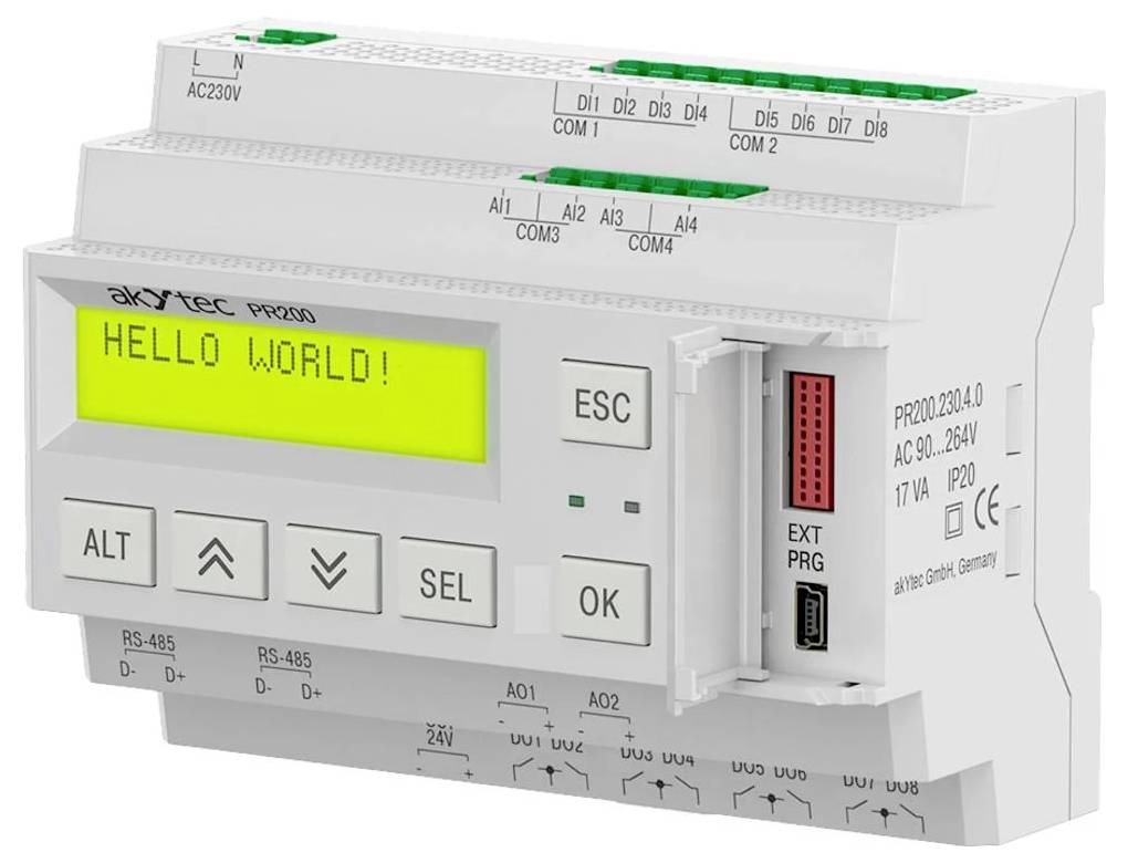 Egy digitális programozható logikai vezérlő kijelzi a 'HELLO WORLD!' feliratot a képernyőn. Mutatja a bemeneti és kimeneti portokat, amelyek PR200 címkével vannak ellátva.