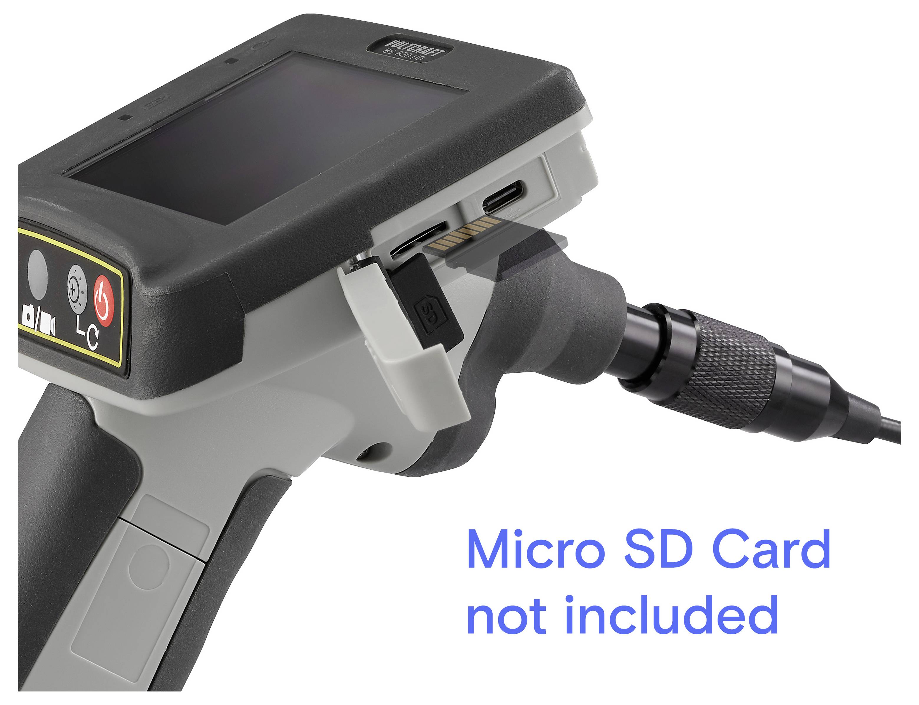 Kézi vizsgálati kamera nyitott micro SD kártya nyílással; a képernyőn megjelenő szöveg: „A Micro SD kártya nem tartozék".