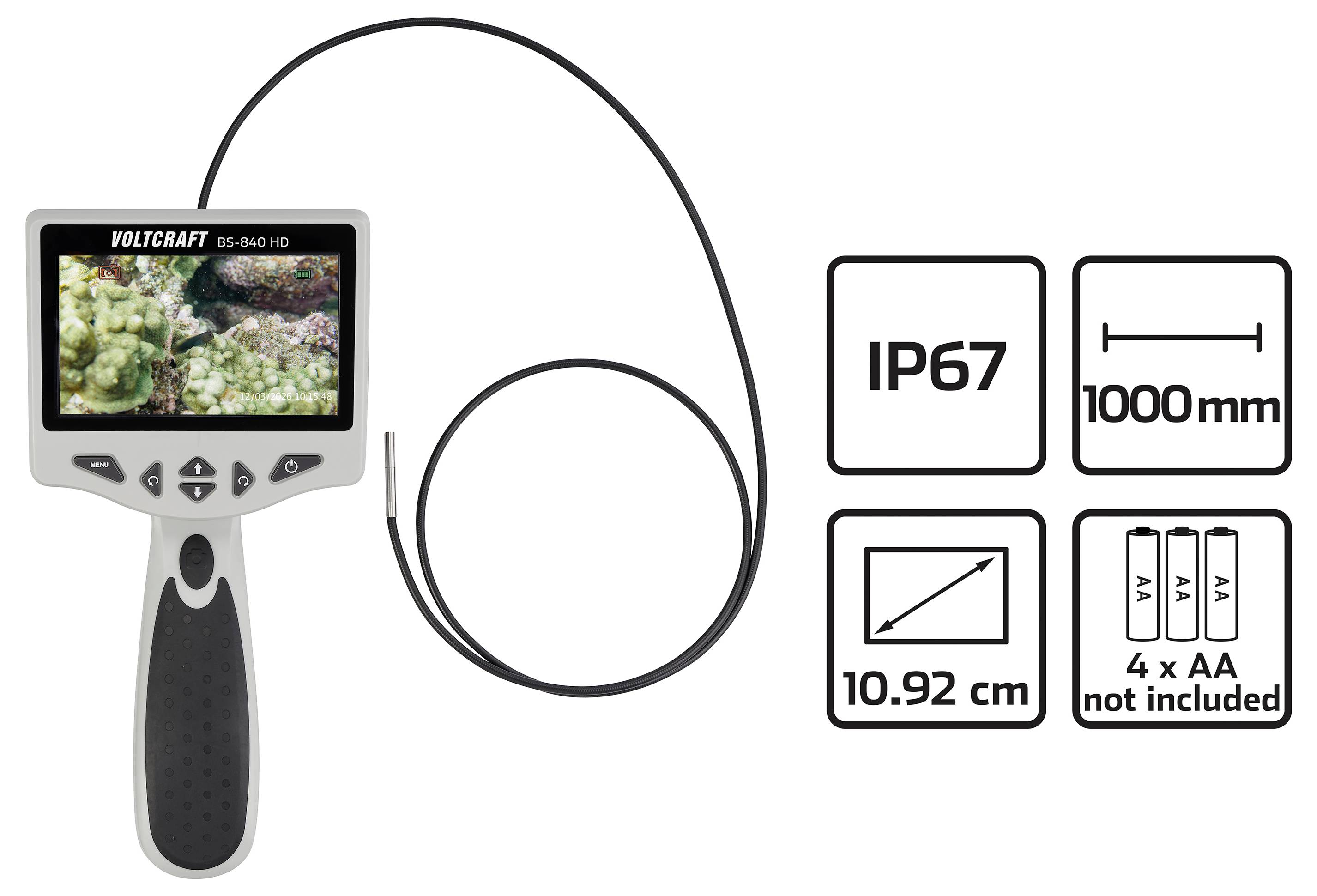Kézieszközös endoszkóp kamera hosszú kábellel; az ikonok az IP67 vízhatlan besorolást, 1000 mm hosszúságot, 10,92 cm-es képernyőt és 4 darab AA elemeket (nem tartalmazza) mutatják.