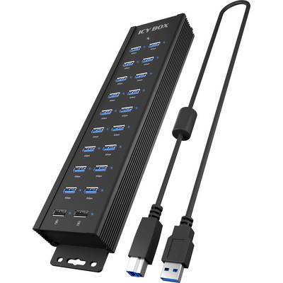 Egy 16 portos, vertikálisan elhelyezett USB elosztó, amelyhez USB kábel is csatlakozik. Az elosztó fekete színű, minden port felett felirat található, és rajta van az 'ICY BOX' márkajelzés.