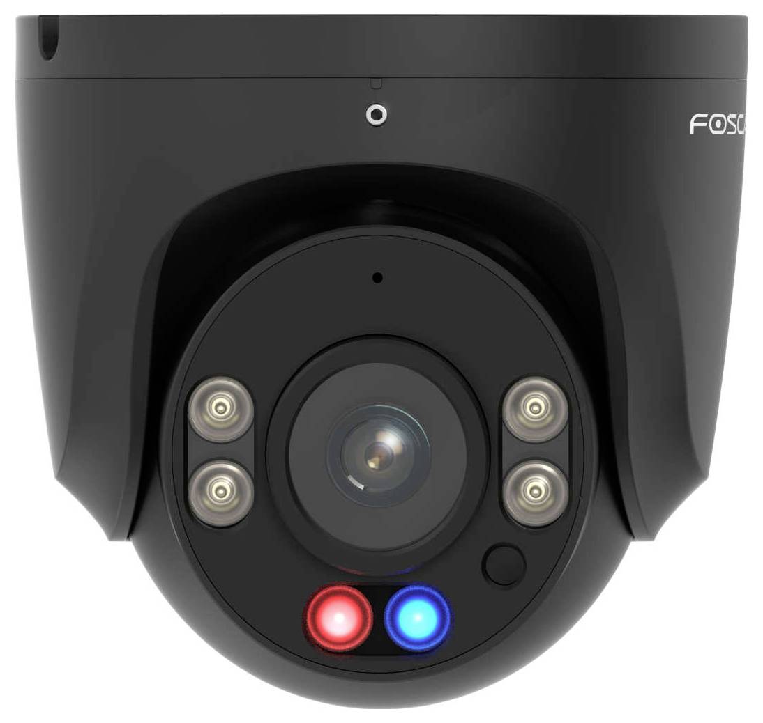 Egy fekete biztonsági kamera négy kis fénnyel a lencse körül, és két további fénnyel, egy pirossal és egy kékkel az alján.