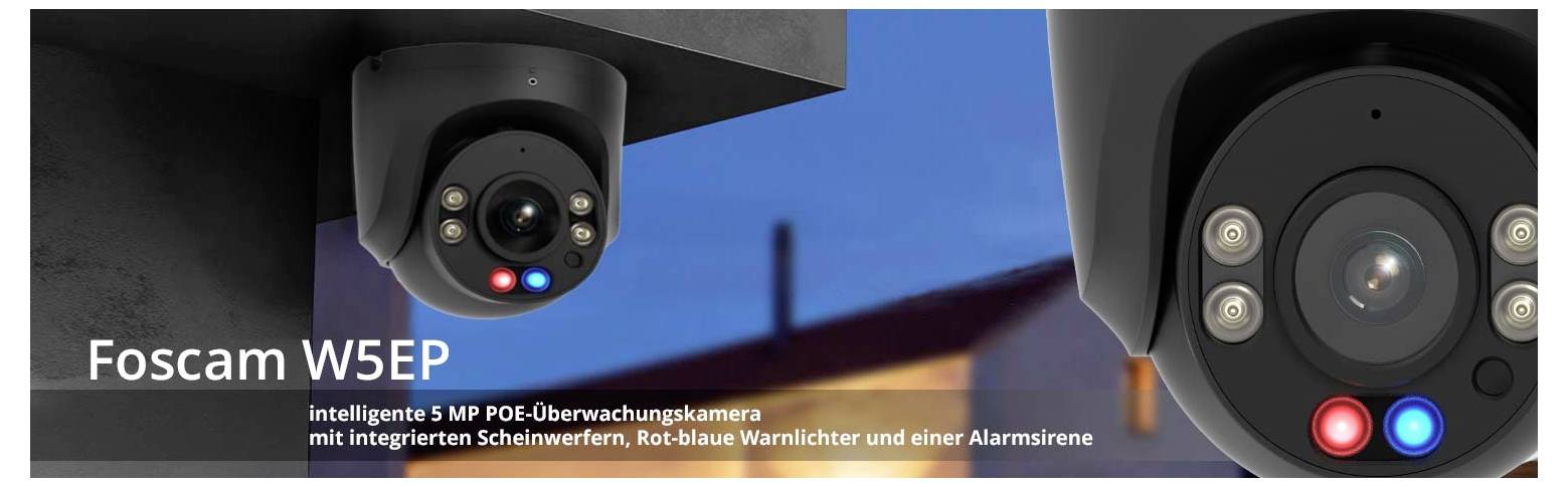 Biztonsági kamera, típusa 'Foscam W5EP', amelynek jellemzői közé tartozik az 5MP felbontás, beépített reflektor, piros/kék figyelmeztető lámpák és riasztó sziréna.