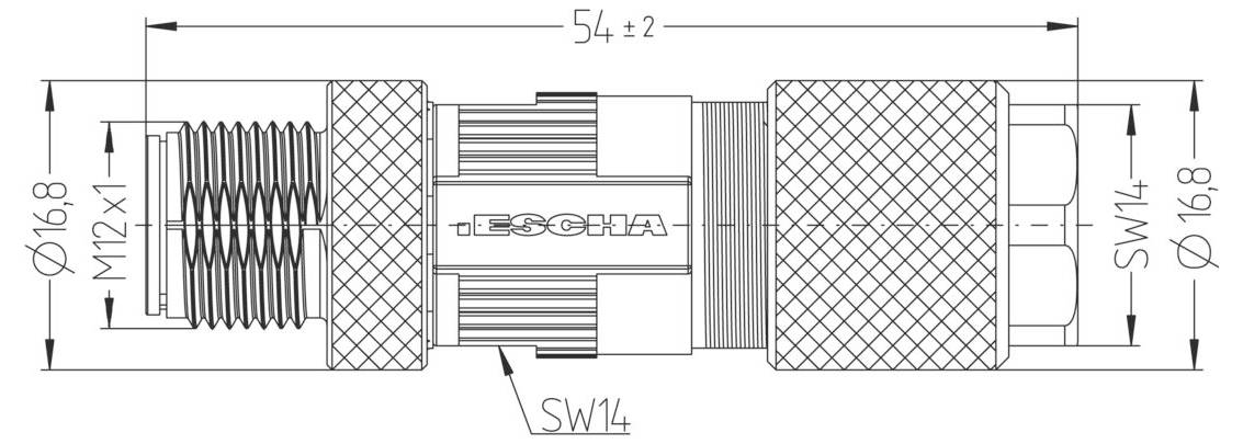Hengeres csatlakozó műszaki rajza, dimenziók jelölve. Átmérő 16,8 mm, hosszúság 54 ±2 mm, menetezett végek jelölve M12x1 és SW14.