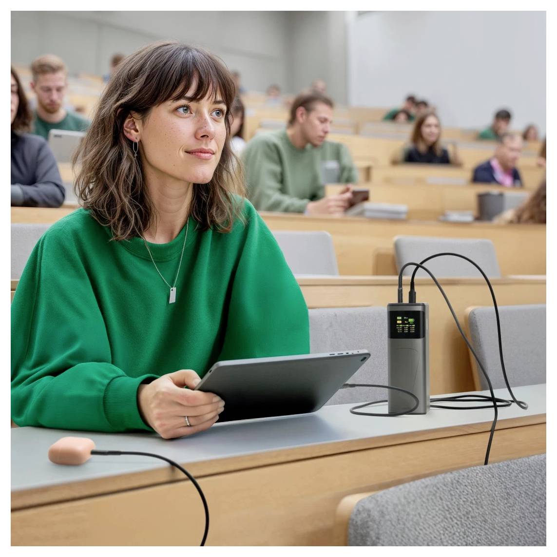 Egy zöld pulóvert viselő diák ül egy előadóteremben, kezében egy táblagéppel és egy többeszközes töltő mellett, körülvéve más diákokkal, akik laptopokkal rendelkeznek.