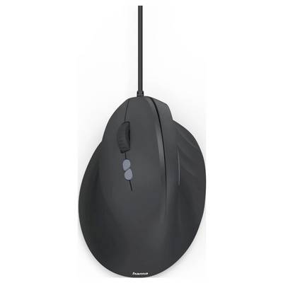 Egy függőleges ergonómiai egér elegáns fekete kivitelben, görgővel, két hüvelykujj gombbal, zsinóros csatlakozással.