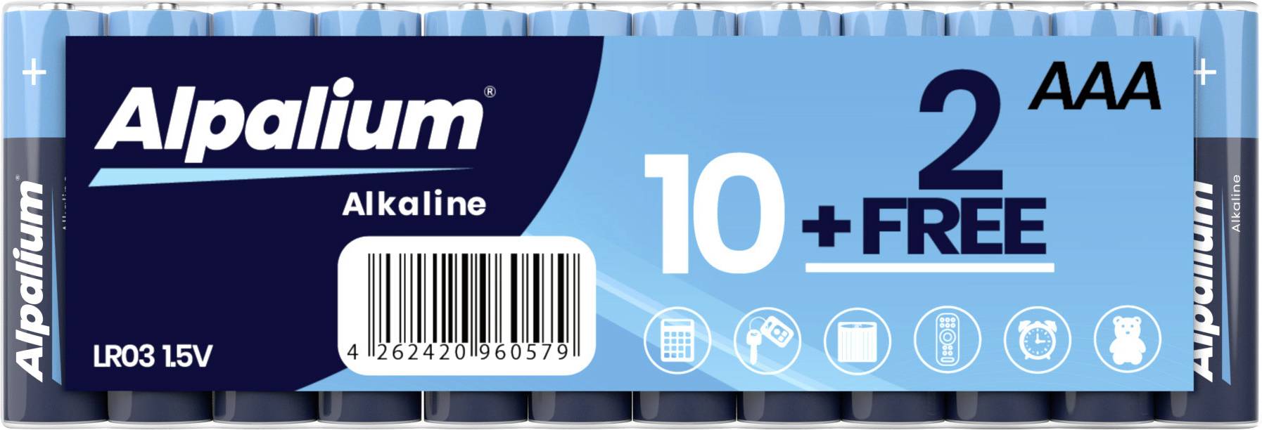 A kép egy Alpalium lúgos AAA elemekből álló csomagot mutat. A címke "10 + 2 INGYENES" elemet, LR03 1.5V-ot kiemeli.