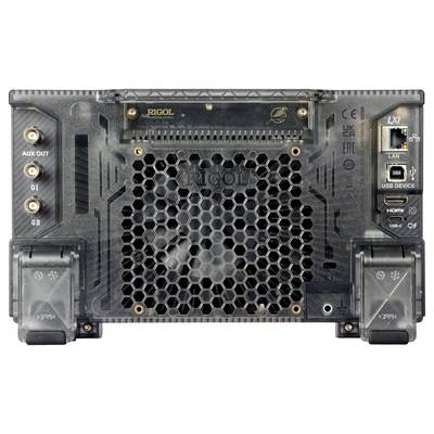 A kép egy elektronikai eszköz hátlapját mutatja, amelyen a 'RIGOL' felirat látható, és több csatlakozóval rendelkezik, köztük AUX OUT, G1, LAN és USB portok.
