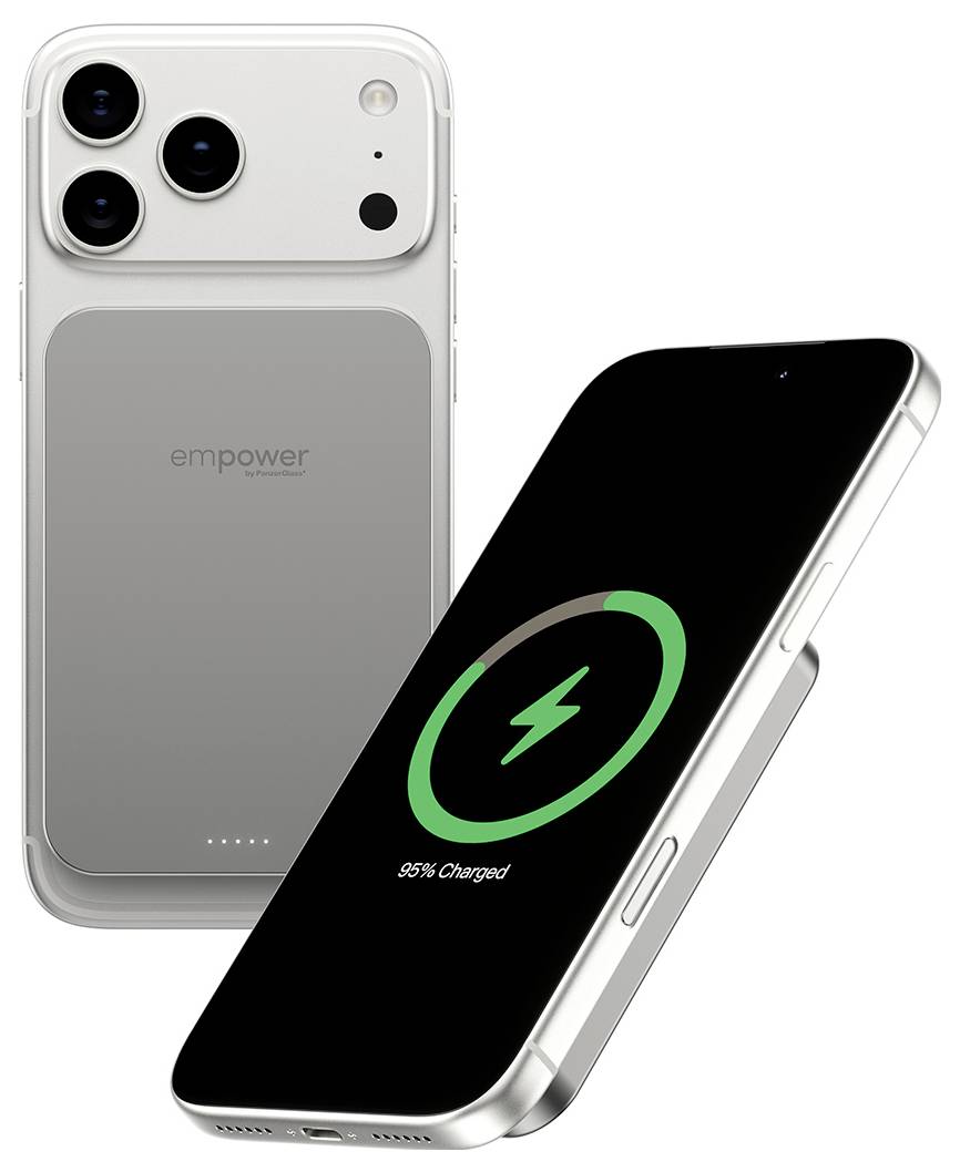 Egy okostelefon vezeték nélkül tölt egy elegáns töltőpadon. A telefon képernyőjén '95% Feltöltve' látható egy zöld, köralakú töltési ikon kíséretében.