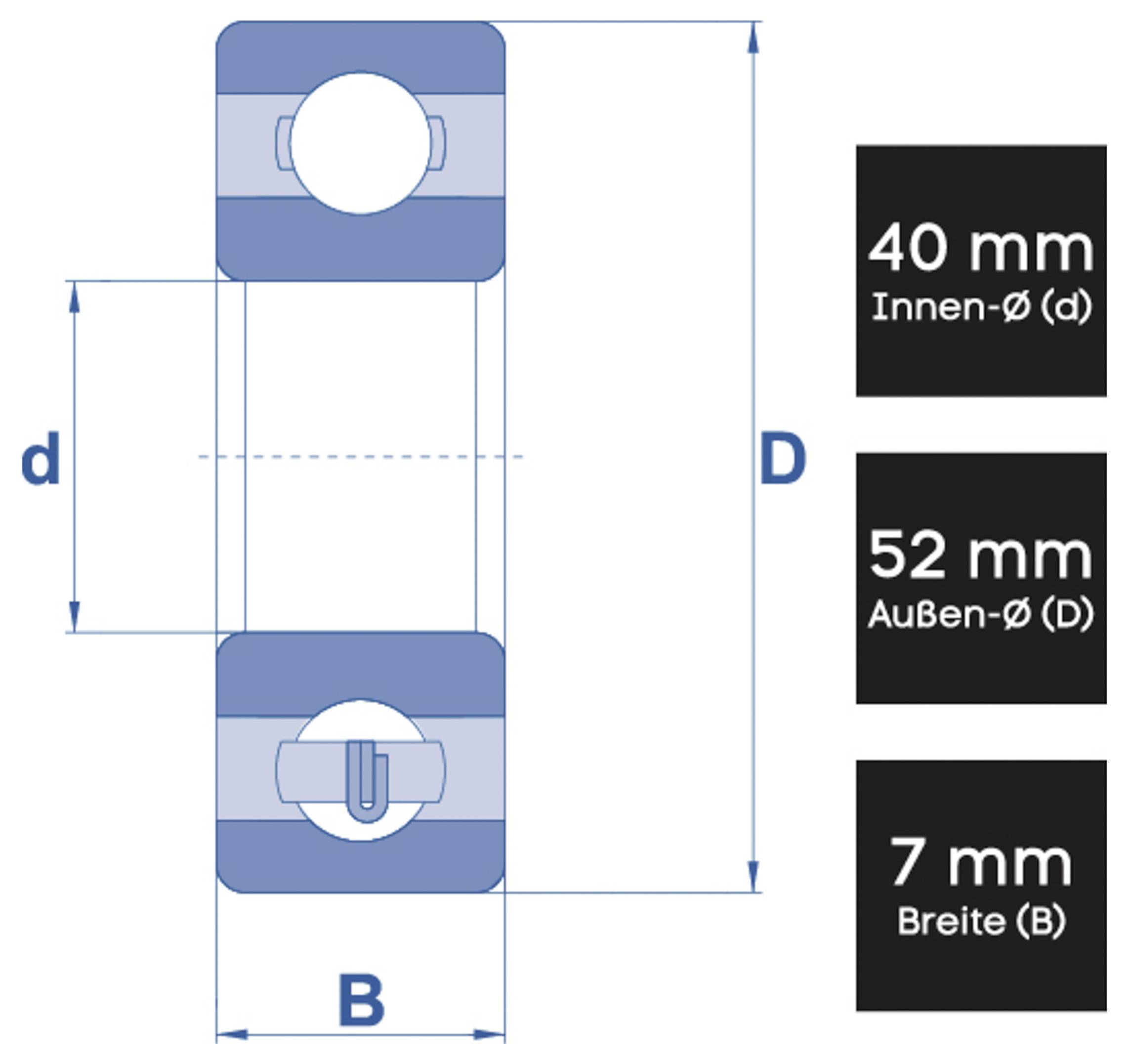 A 'Flanschlager-Lager' méretei a következők: belső átmérő (d) 40 mm, külső átmérő (D) 52 mm, szélesség (B) 7 mm, egy diagrammal, amelyen fel vannak tüntetve a D, d, B jelölések.
