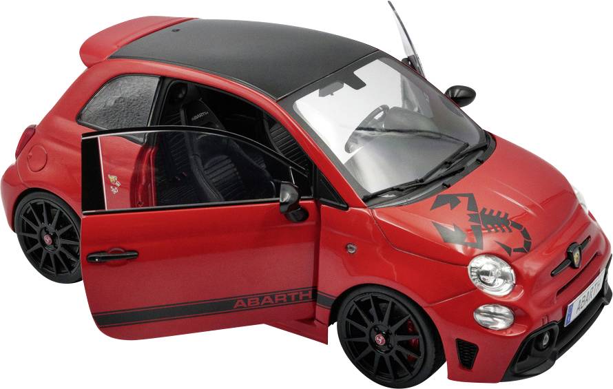 Piros Abarth sportautó fekete tetővel és nyitott vezetőoldali ajtóval, skorpió logóval a motorháztetőn és az 'Abarth' felirattal az oldalán.