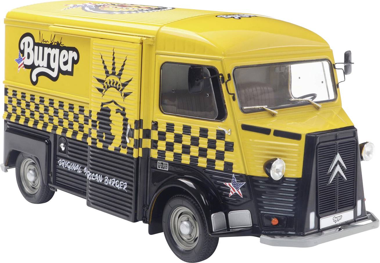 Egy sárga és fekete vintage Citroën élelmiszeres kocsi miniatűr modellje, rajta a 'New York Burger' felirattal és a Szabadság-szobor dizájnnal.