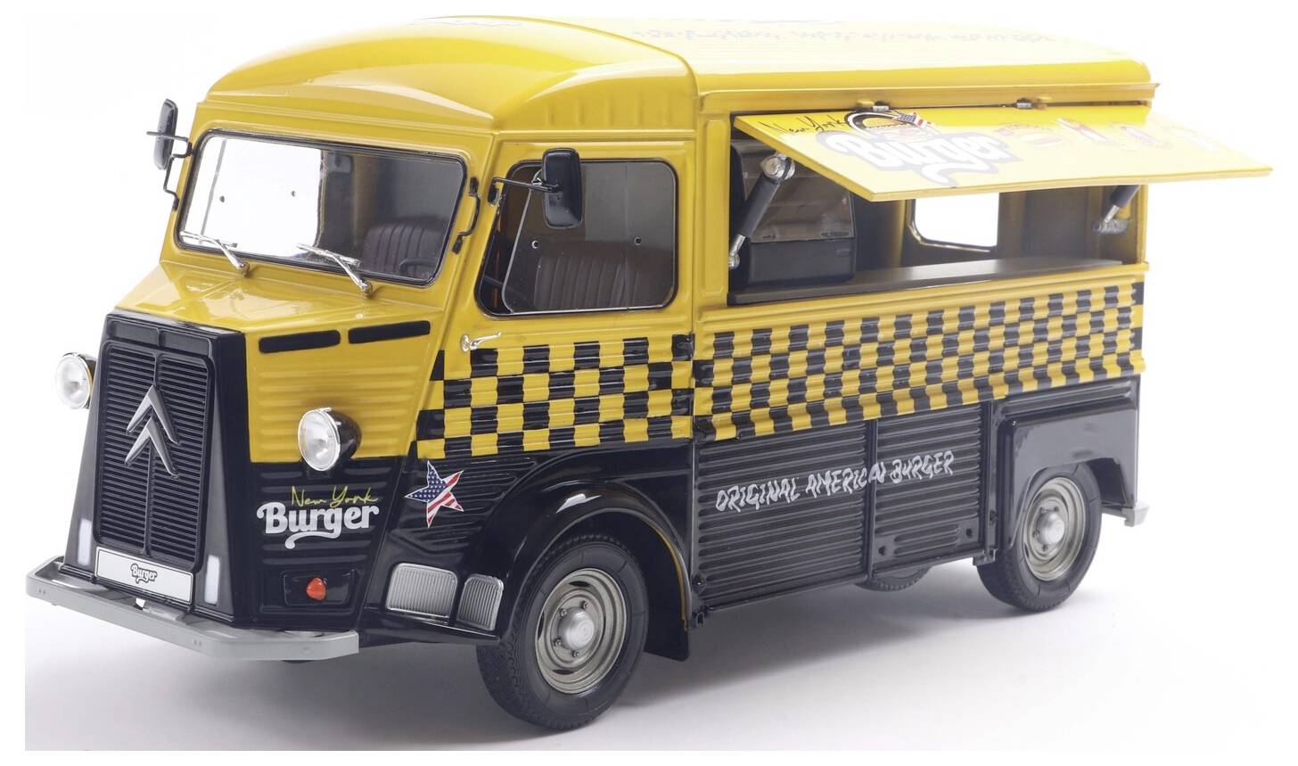 Egy vintage stílusú, fekete és sárga ételbusz, amelynek oldalán 'Burger' felirat látható, kockás mintázattal és nyitott kiszolgálóablakkal.