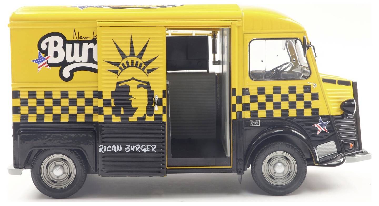 Sárga és fekete ételbusz "New York Burger" felirattal. Kockás mintázattal, kisméretű amerikai zászló motívummal és nyitott kiszolgáló ablakkal rendelkezik.