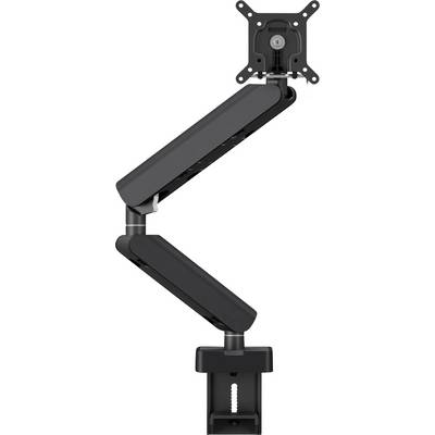 Egy fekete, állítható monitartó kar több csukló és egy rögzítő konzol segítségével, amely a számítógépes képernyők ergonomikus elhelyezésére lett tervezve.