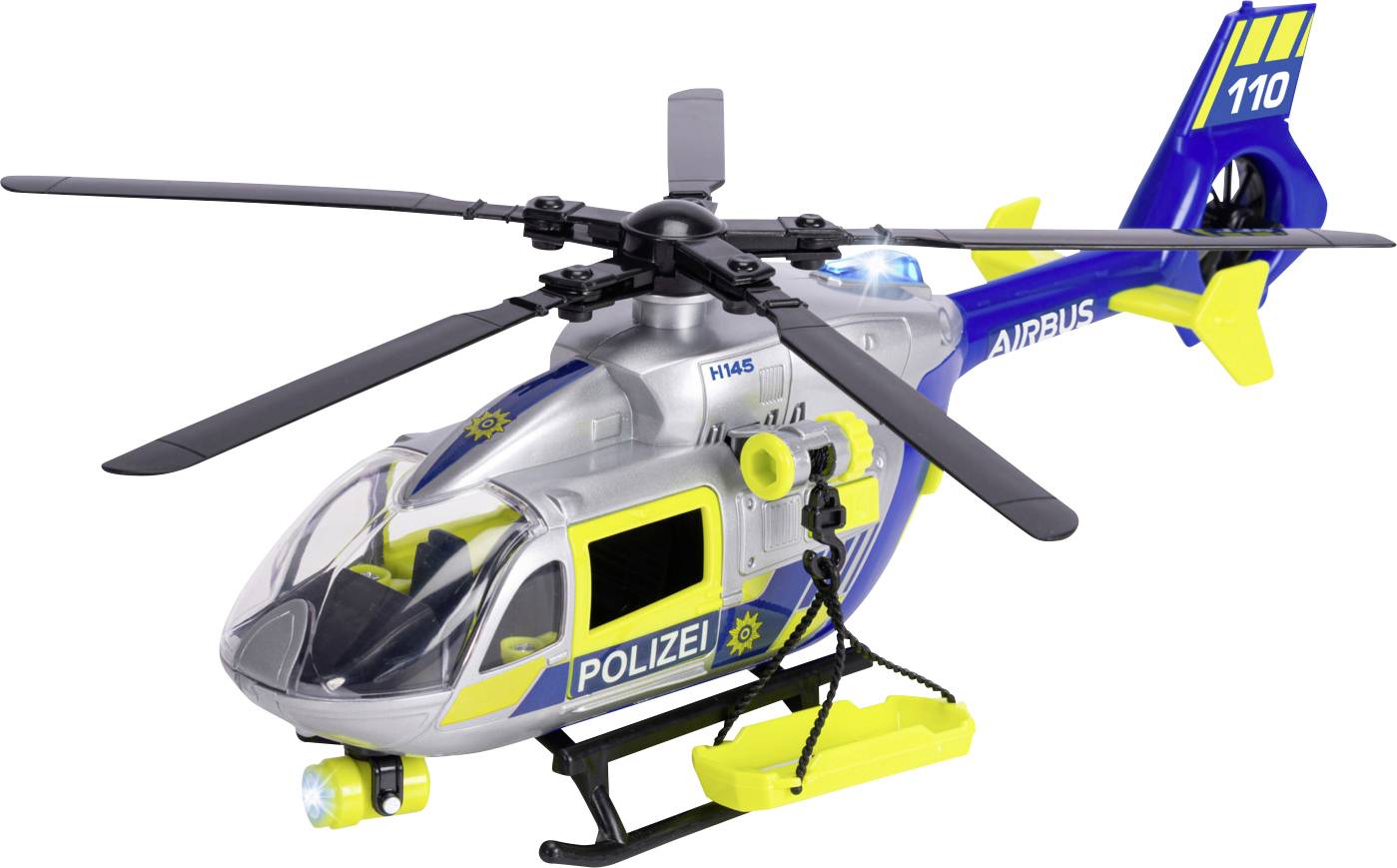 Rendőrségi helikopter kinézetű játék helikopter, amelynek az oldalán 'Polizei' felirat szerepel németül, kék és sárga díszítéssel, realisztikus kivitelezésben.