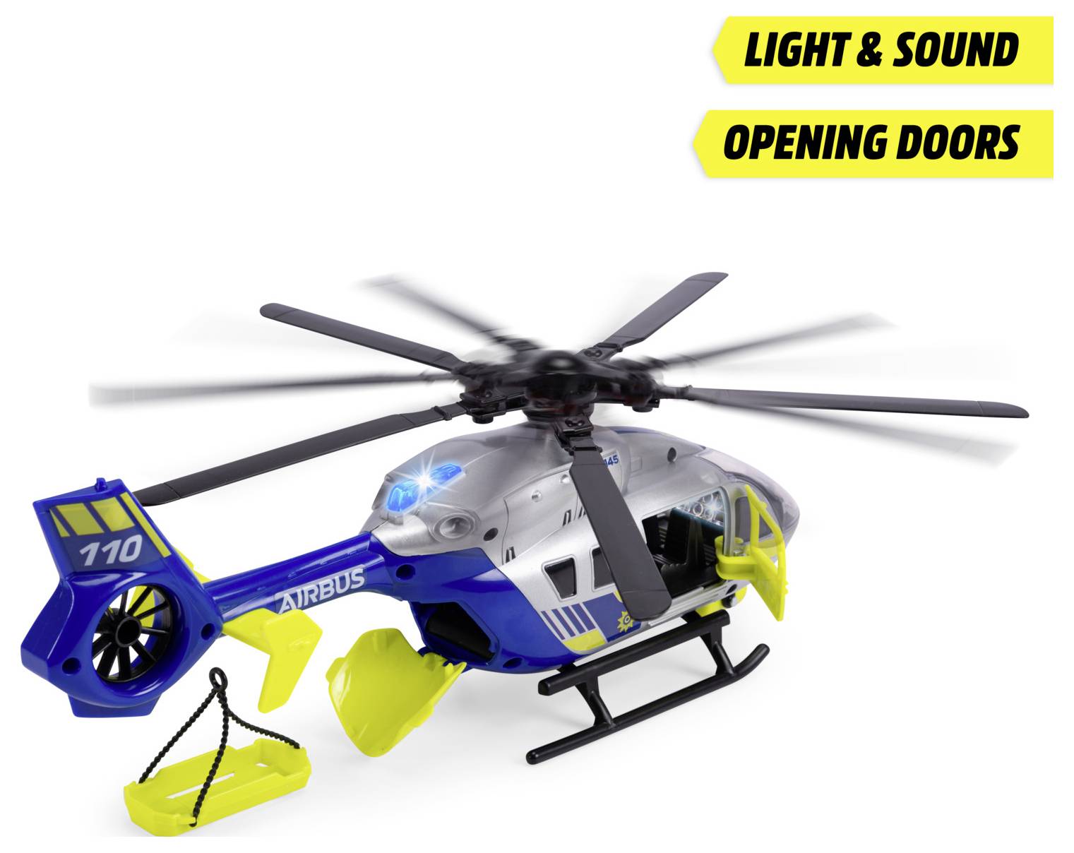 Egy kék és sárga játék helikopter forgó rotorlapátokkal nyitható ajtókkal, fénnyel és hanggal rendelkezik. A feliratok „Fény & Hang" és „Nyitható Ajtók" szöveget tartalmaznak.