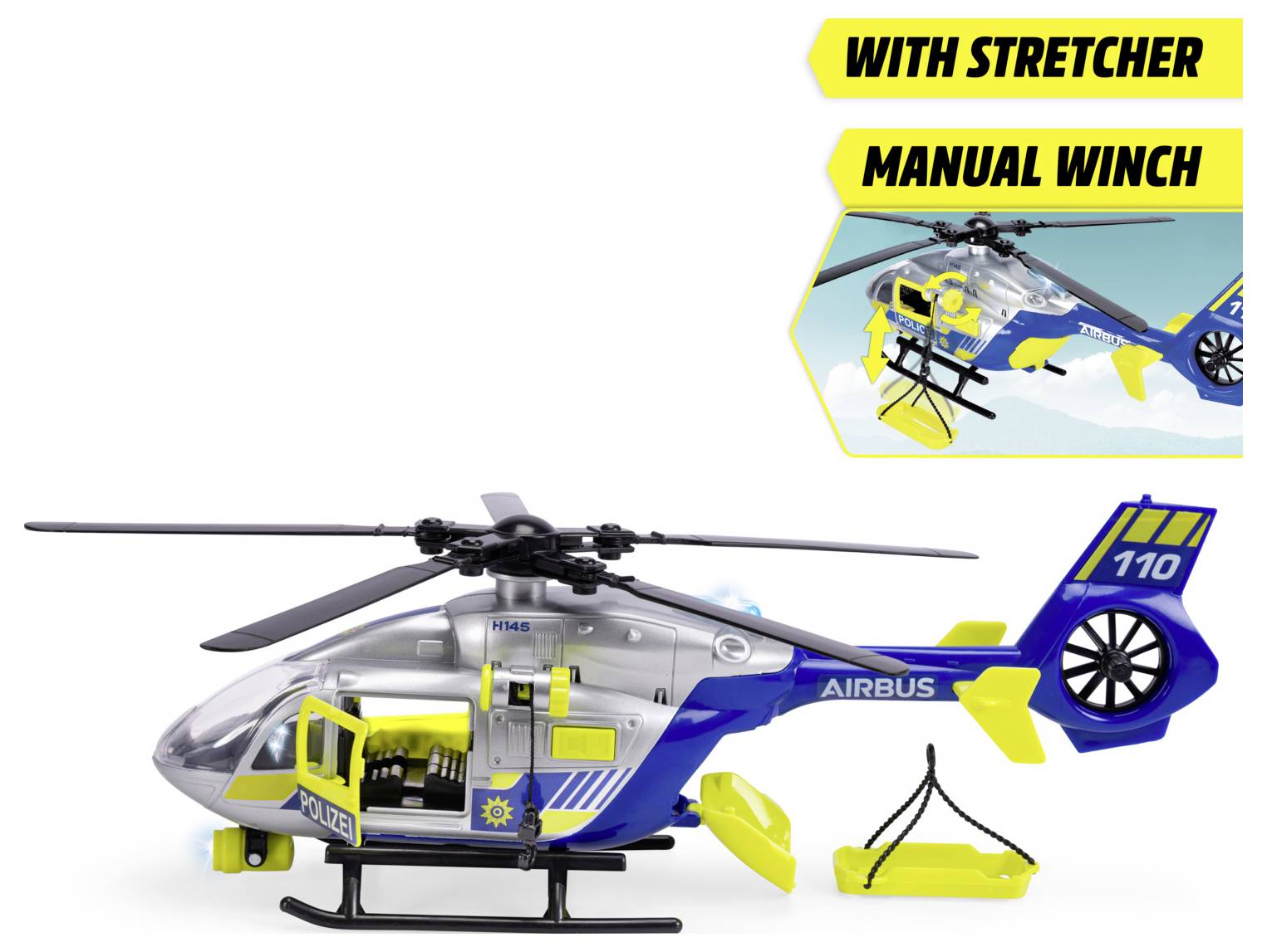 Egy rendőrségi mentőhelikopter játék manuális csörlővel és hordággyal, sárga és kék színekben. A betétábra a csörlő részleteit mutatja.