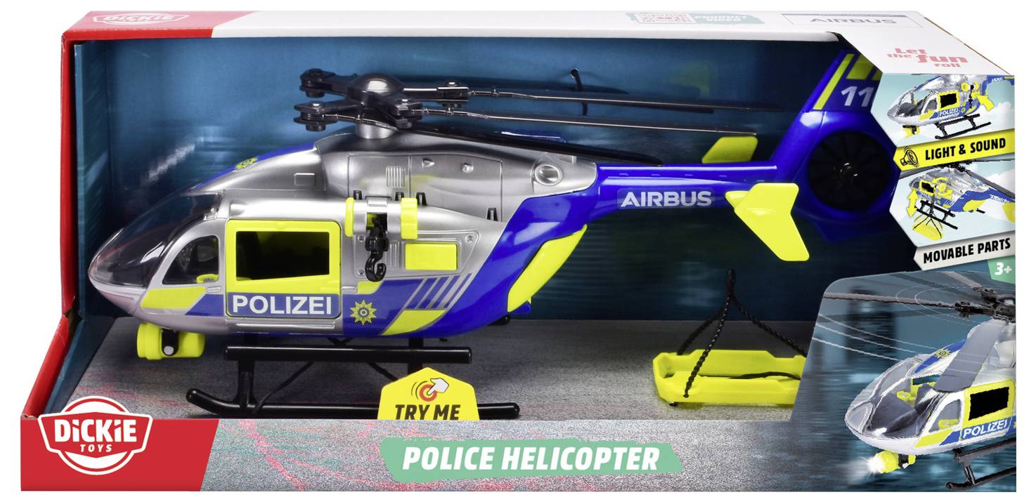 Rendőrségi helikopter doboz, amelyen egy Airbus rendőrségi helikopter játék látható. Funkciók: fény, hang és mozgatható alkatrészek.