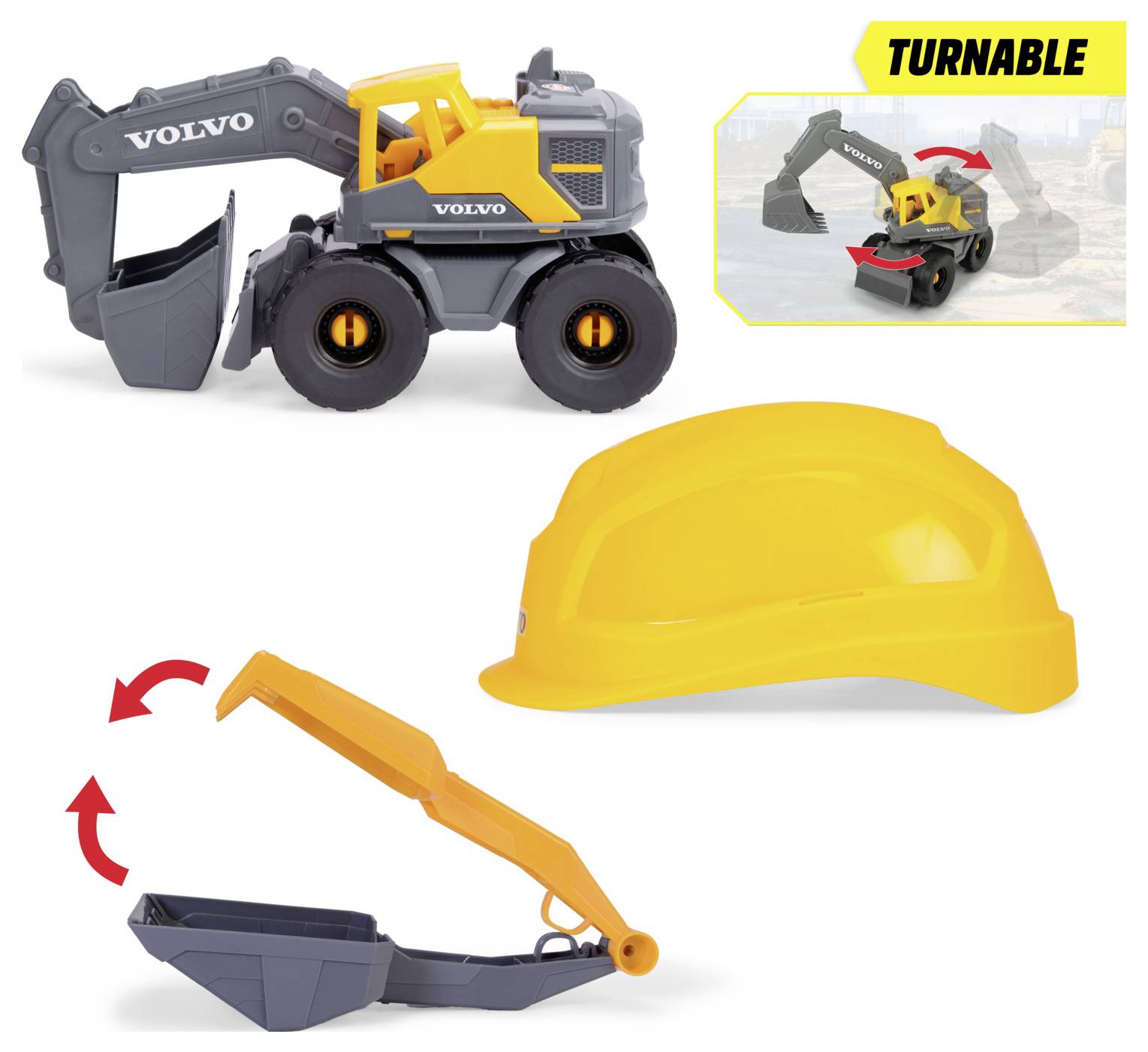 Egy Volvo játék markológép és egy sárga, forgatható karral rendelkező játék védősisak kiállítva.