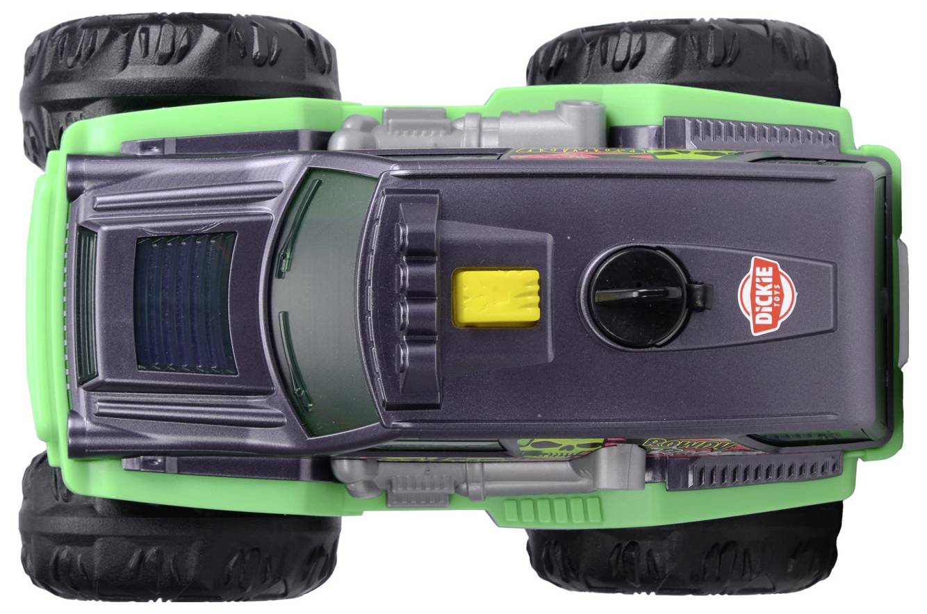 Egy zöld és fekete játék terepjáró, felülnézetből, nagy mintázatú kerekekkel és részletes karosszériával.