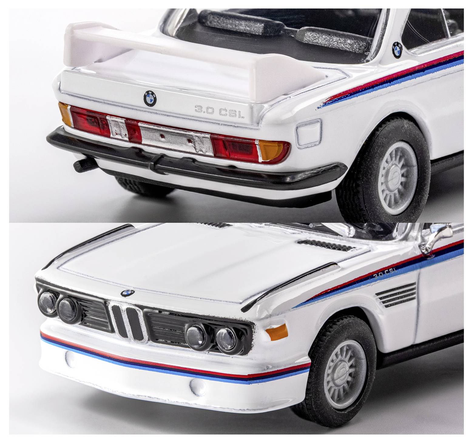 Egy modellautó egy klasszikus BMW 3.0 CSL-ről, amelynek jellegzetes hátsó légterelője van és BMW versenyautó színei vannak fehér karosszérián.
