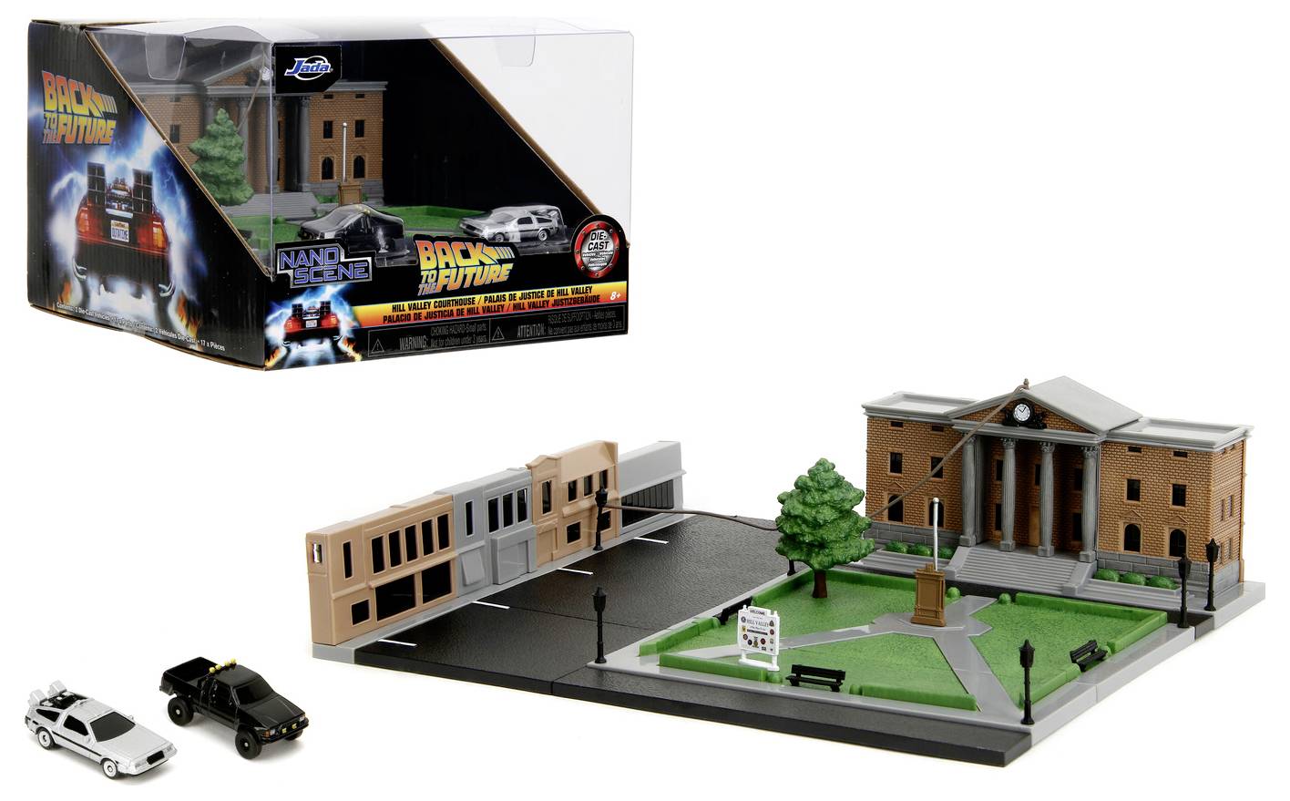 A 'Vissza a jövőbe' miniatűr szett tartalmazza a Hill Valley-i bíróságot, kisméretű épületmásolatokat és játékautókat, beleértve a DeLoreant.