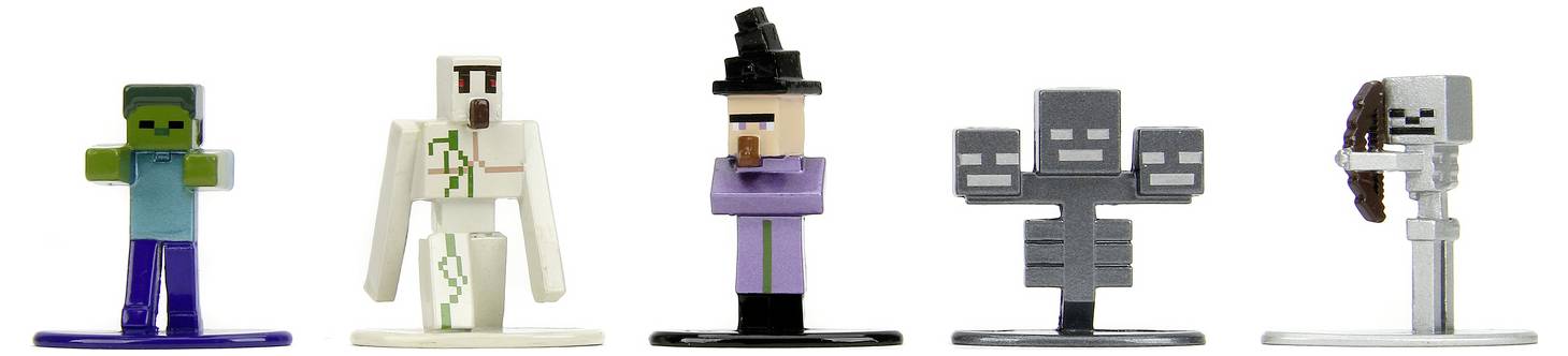 Öt Minecraft-témájú akciófigura állvánnyal: zöld zombi, fehér figura vörös mintázattal, lila varázsló, szürke háromfejű lény, és csontváz hajjal.