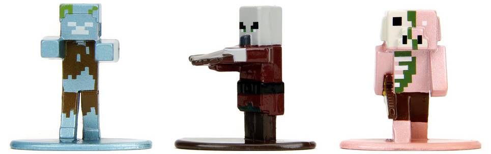 Három pixeles játékfigura állványon: egy kék figura, egy barna figura fegyverrel a kezében, és egy rózsaszín figura zöld csíkkal.