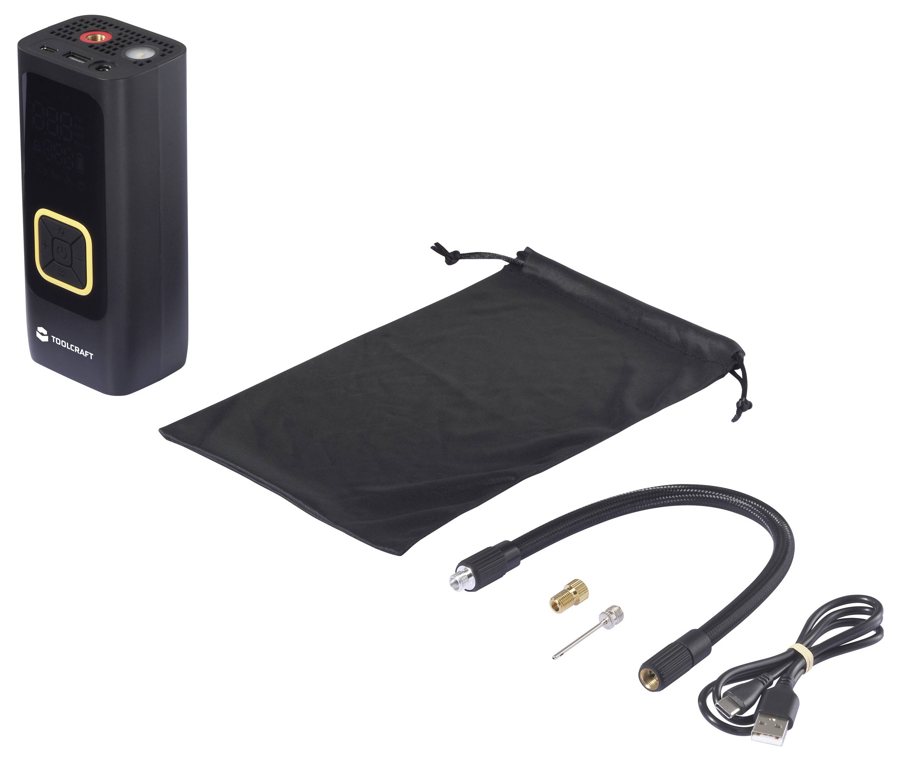 Hordozható gumiabroncs-felfújó készlet digitális légpumpával, tárolótáskával, rugalmas csővel, fúvóka-adapterkészlettel és töltőkábellel.