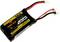 Egy fekete és sárga 350mAh 7,4V LiPo akkumulátor, 'Hobbyrus' felirattal, piros és fekete vezetékekkel, és biztonsági figyelmeztető szöveggel a címkén.
