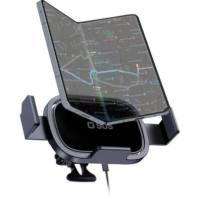 Összehajtható táblagép egy autós telefontartóban rögzítve, egy navigációs térképet megjelenítve kiemelkedő útvonallal.