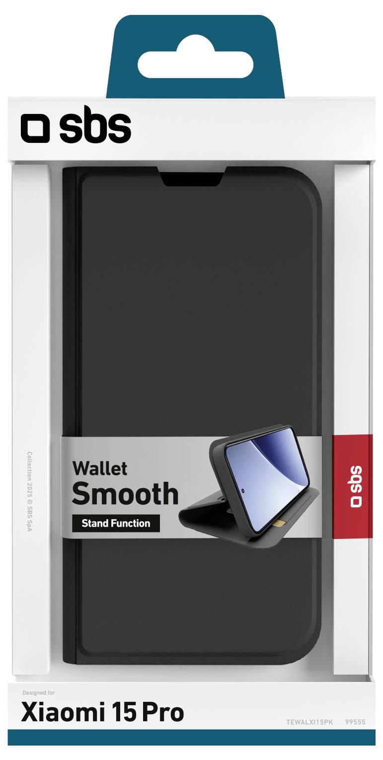 „Wallet Smooth" telefontok állvánnyal, Xiaomi 15 Pro-val kompatibilis. Fekete szín, kiskereskedelmi csomagolásban megjelenítve.