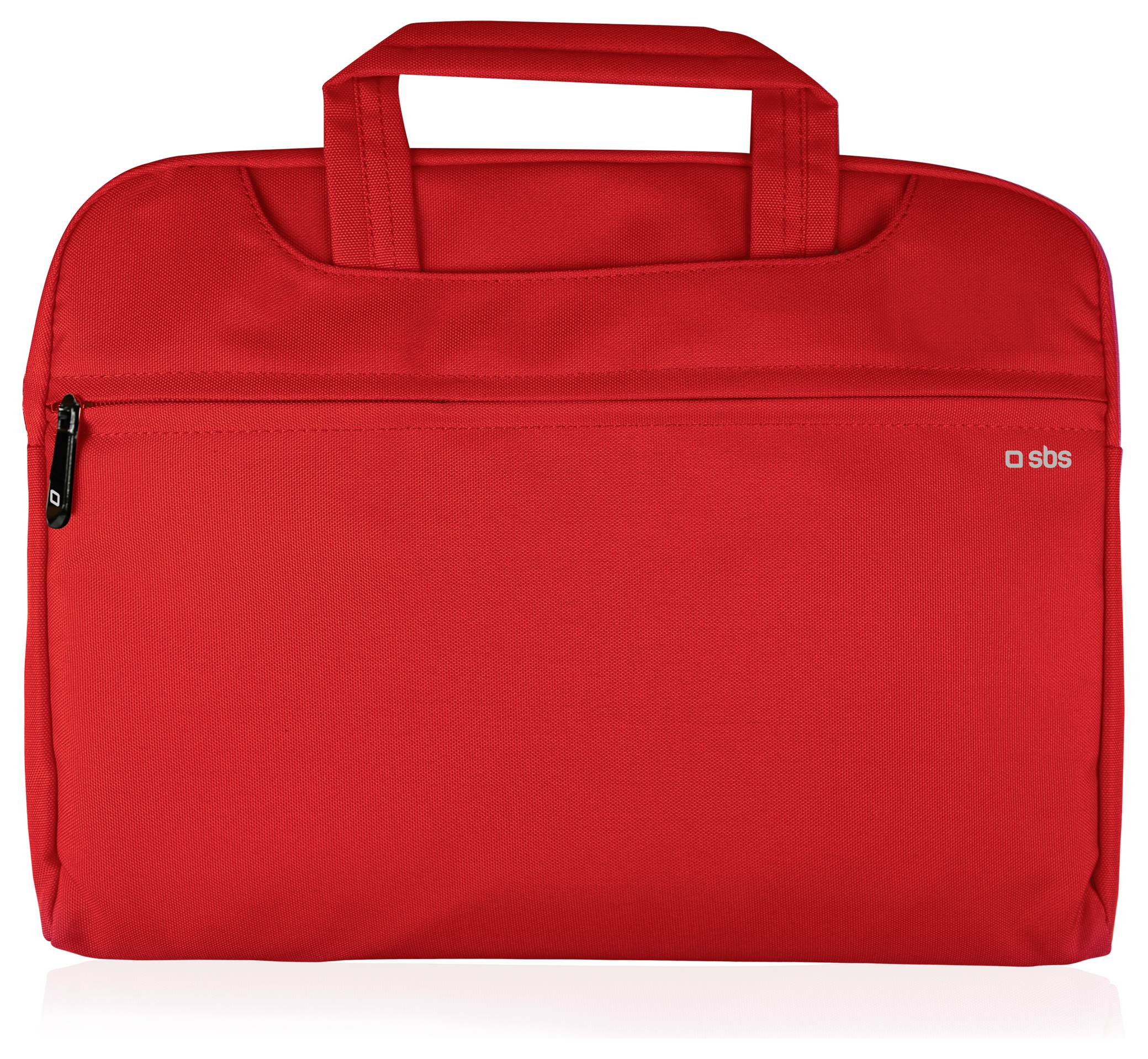 Piros laptoptáska két fogantyúval, elöl cipzáros zsebbal és egy kis logóval a jobb felső sarokban.