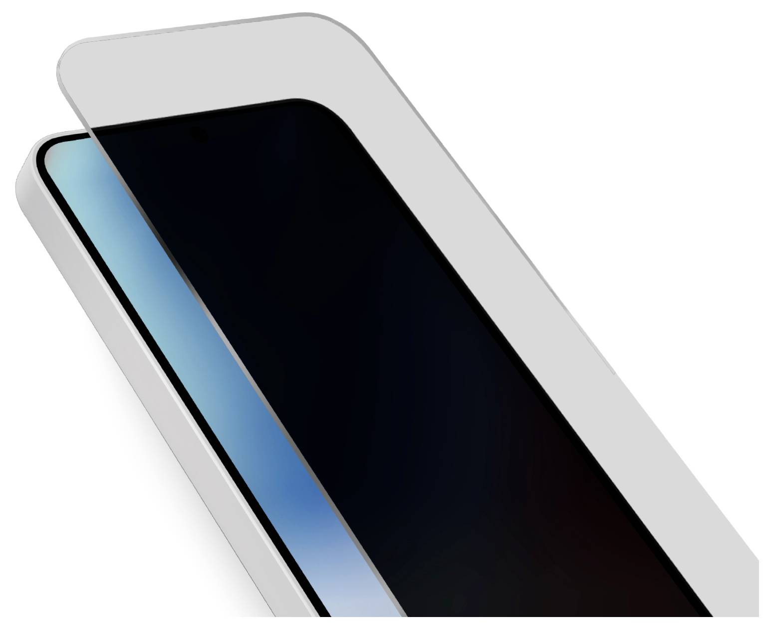 Egy okostelefon részlegesen felhelyezett képernyővédővel, amely a telefon lekerekített széleit és elegáns kialakítását mutatja be.