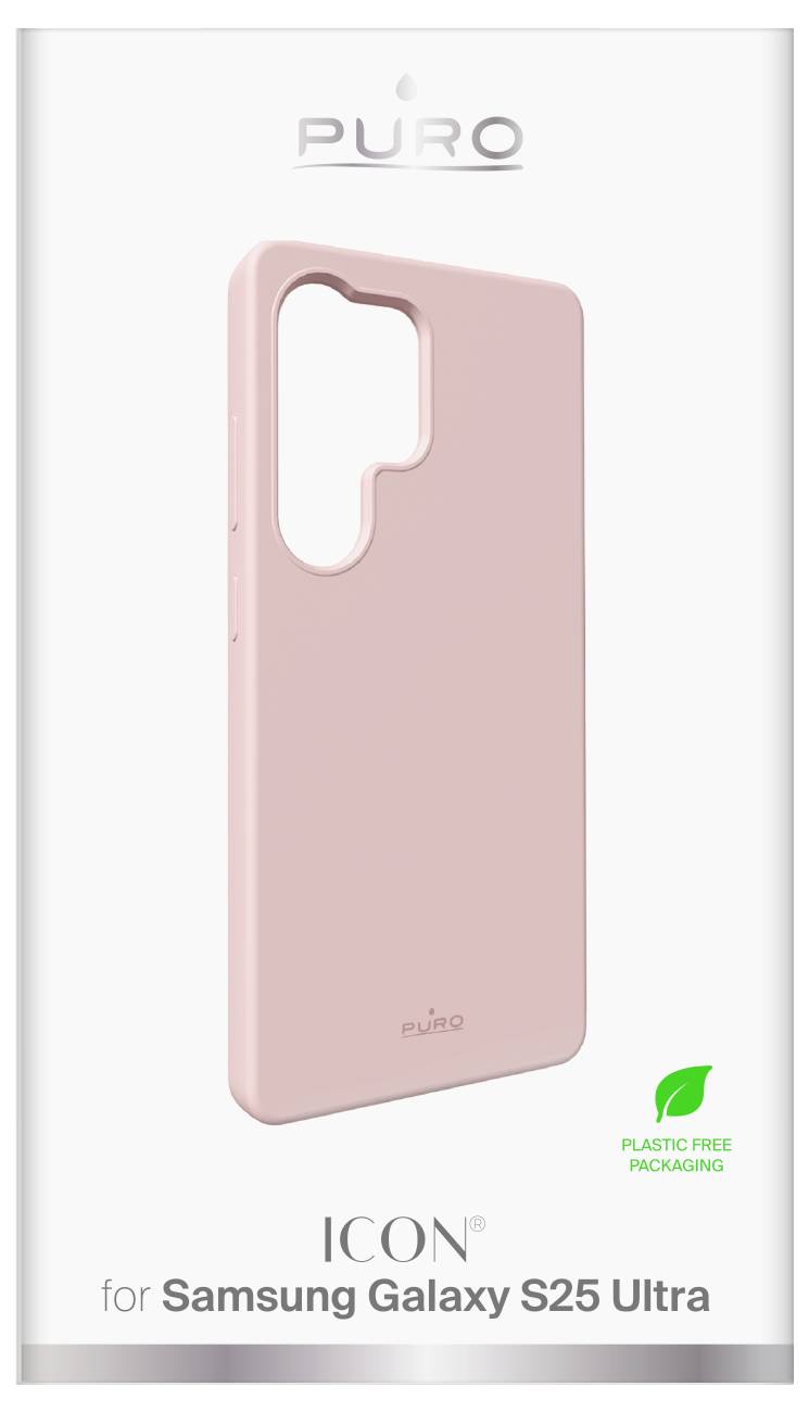 Rózsaszín telefonvédő Samsung Galaxy S25 Ultra készülékhez, Puro márkától, „Plastic Free Packaging" felirattal.