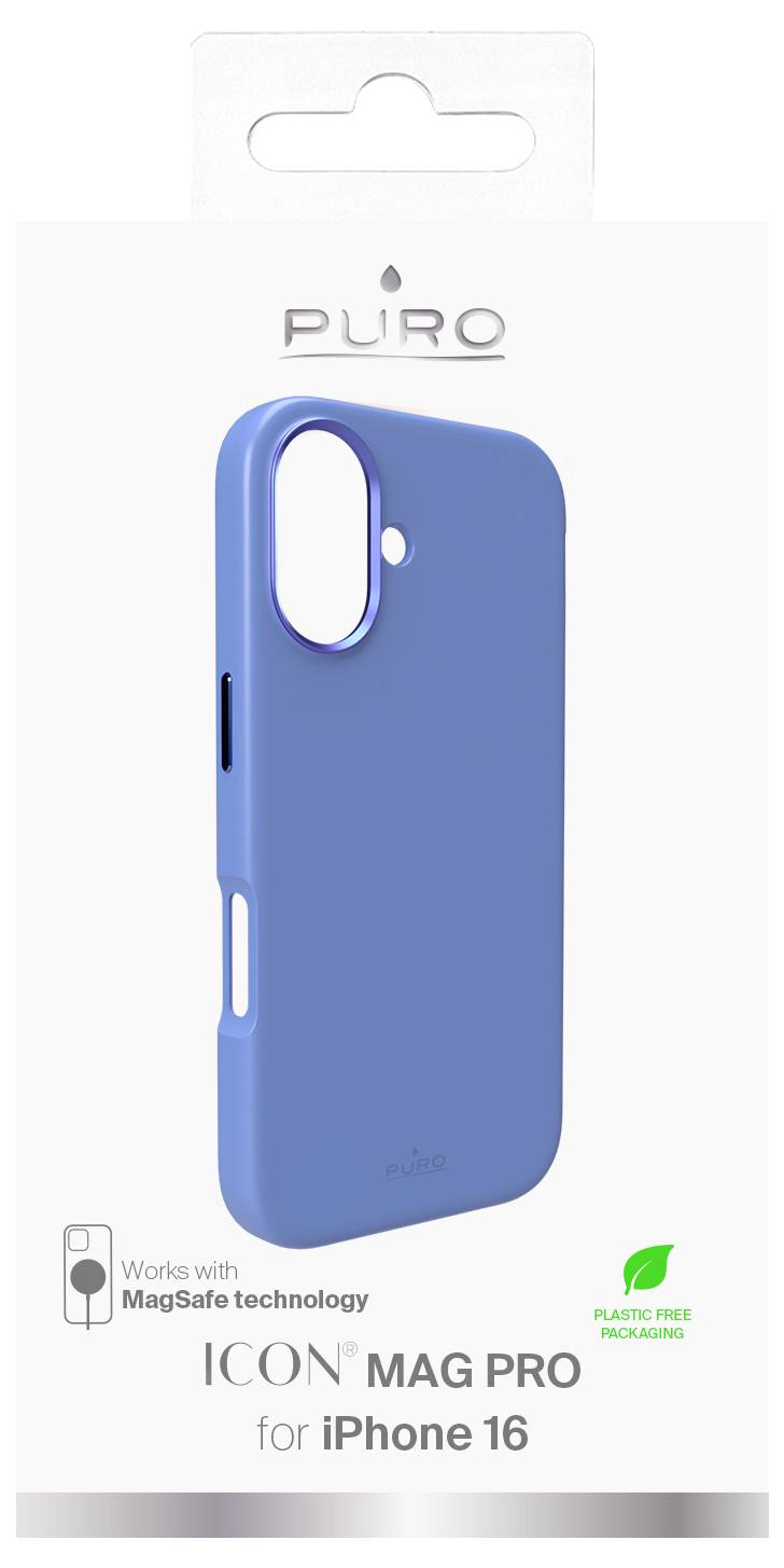 Egy kék telefonvédő iPhone 16-hoz, kompatibilis a MagSafe technológiával, egy olyan csomagoláson kijelzett, amely a "műanyag mentes csomagolás" feliratot tartalmazza.