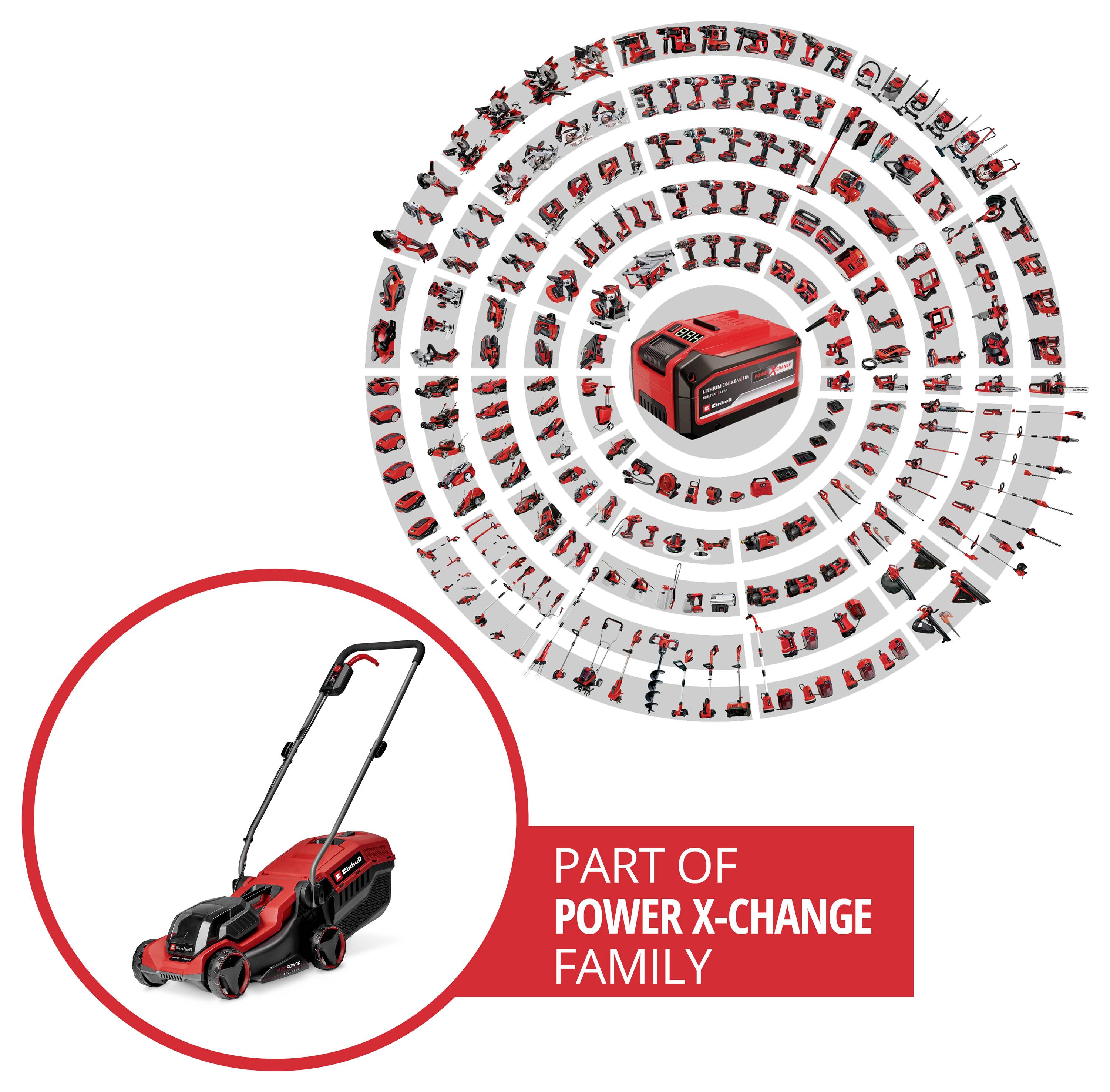 Az X-Change Power rendszer része, egy piros akkumulátoros fűnyíró és a kompatibilis eszközök és akkumulátorok körkörös kijelzésével.