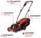 Egy piros elektromos fűnyíró összecsukható vezetőkarral. Gyepfelület akár 175 m², 27 literes fűgyűjtő, 30 cm-es vágásszélesség, 30-65 mm-es vágásmagasság.