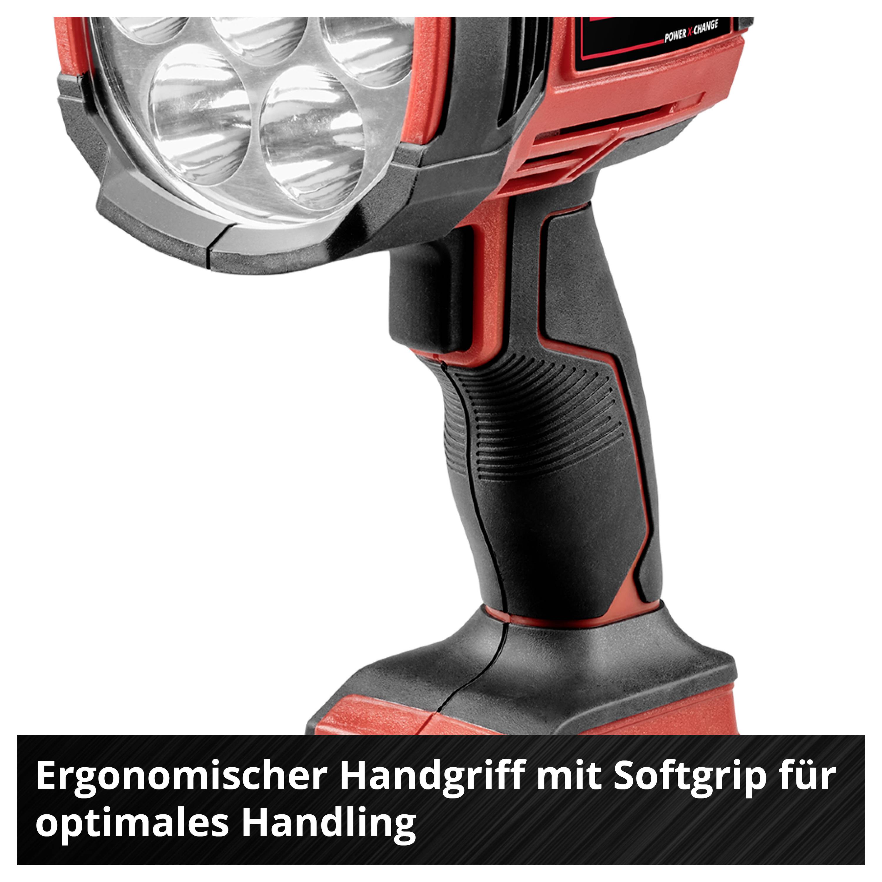 Akkumulátoros LED-munkalámpa ergonomikus puha markolattal kényelmes kezeléshez és erőteljes megvilágításhoz.