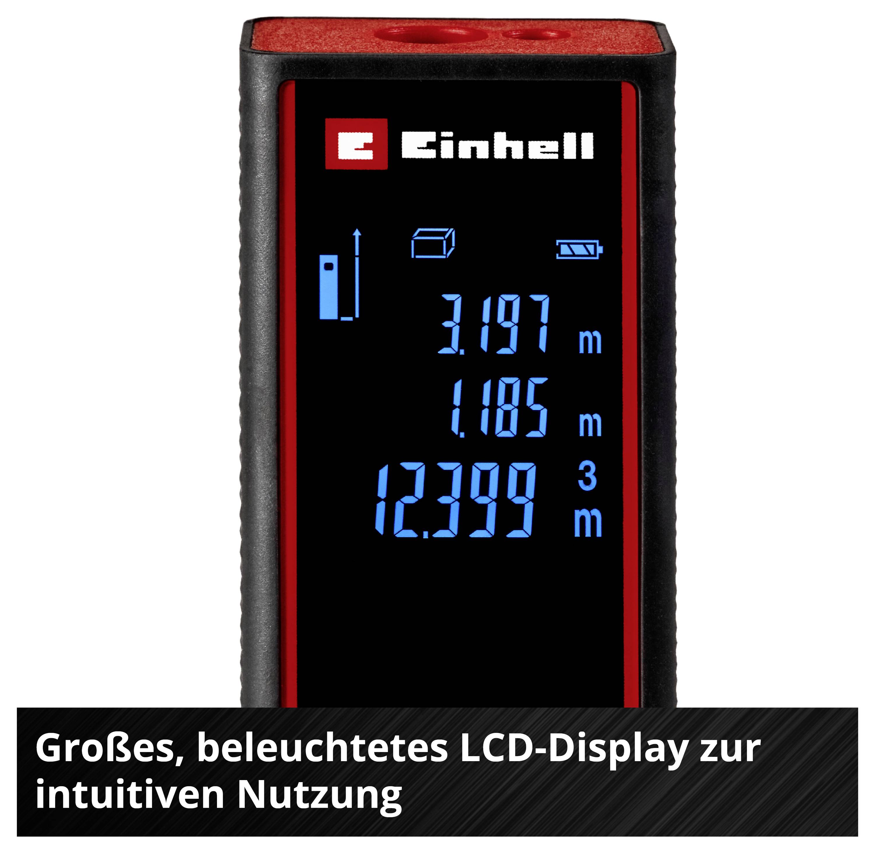 Lézeres távolságmérő nagy, megvilágított LCD-kijelzővel, amely méterben mutatja a mérési értékeket. Einhell-logó a készülék tetején.
