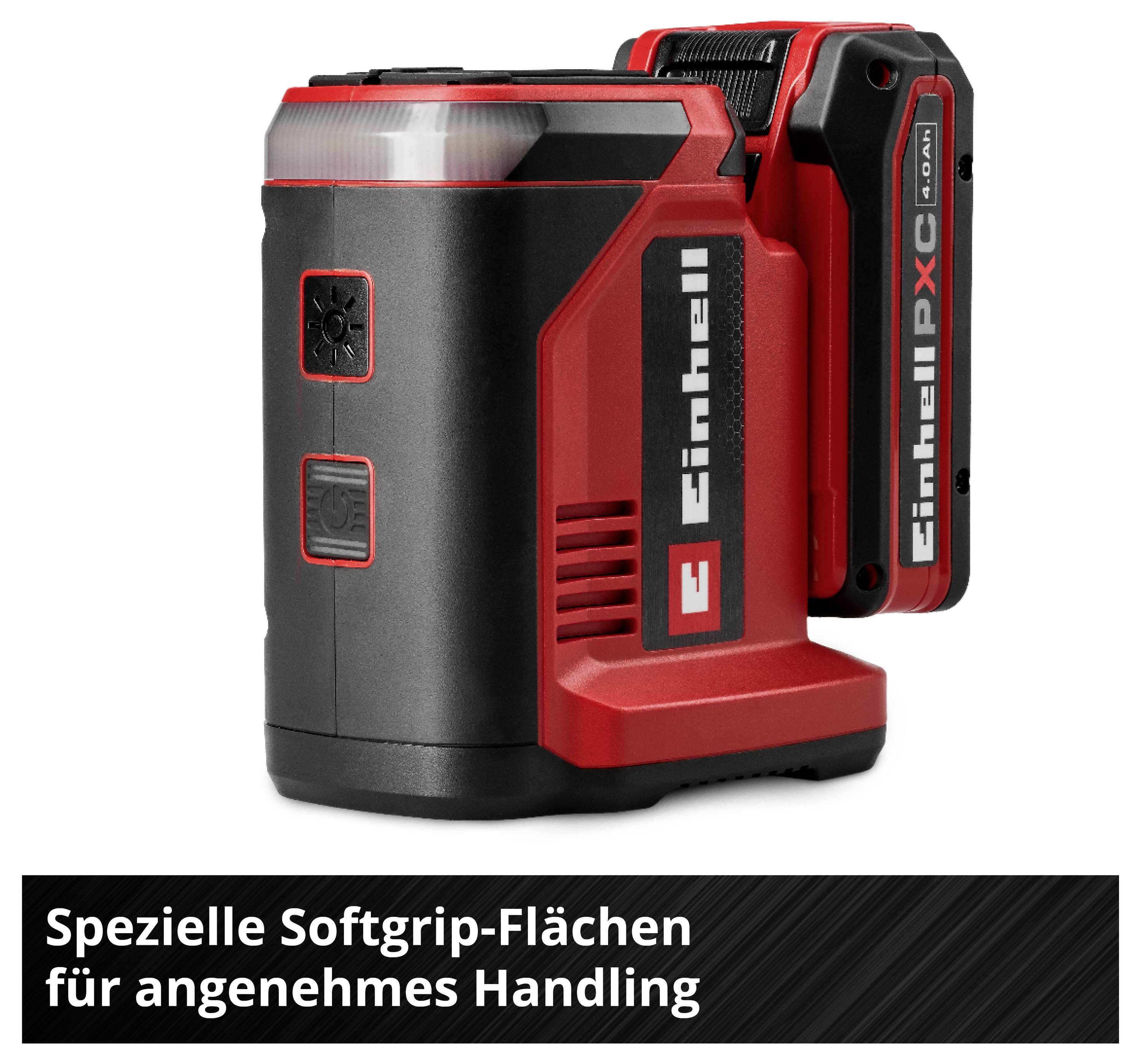 Einhell akkumulátoros lámpa fekete-piros színben, puha fogófelületekkel a kényelmes kezelhetőség érdekében.