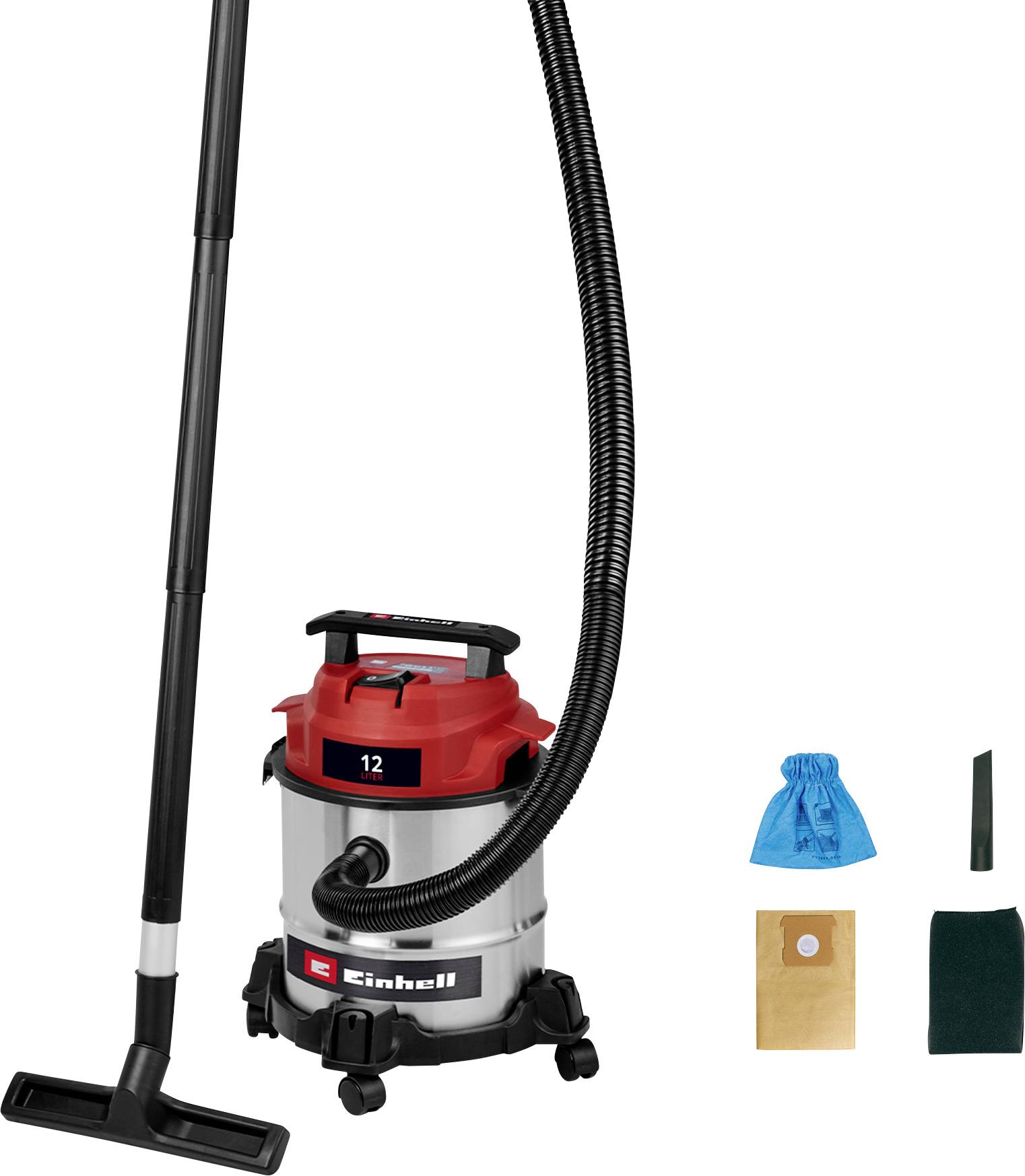 Egy rozsdamentes acélból készült nedves-száraz porszívó piros tetővel, fekete tömlővel, fúvókával és a hozzá tartozó tartozékokkal, köztük szűrőkkel és porzsákokkal mellette.