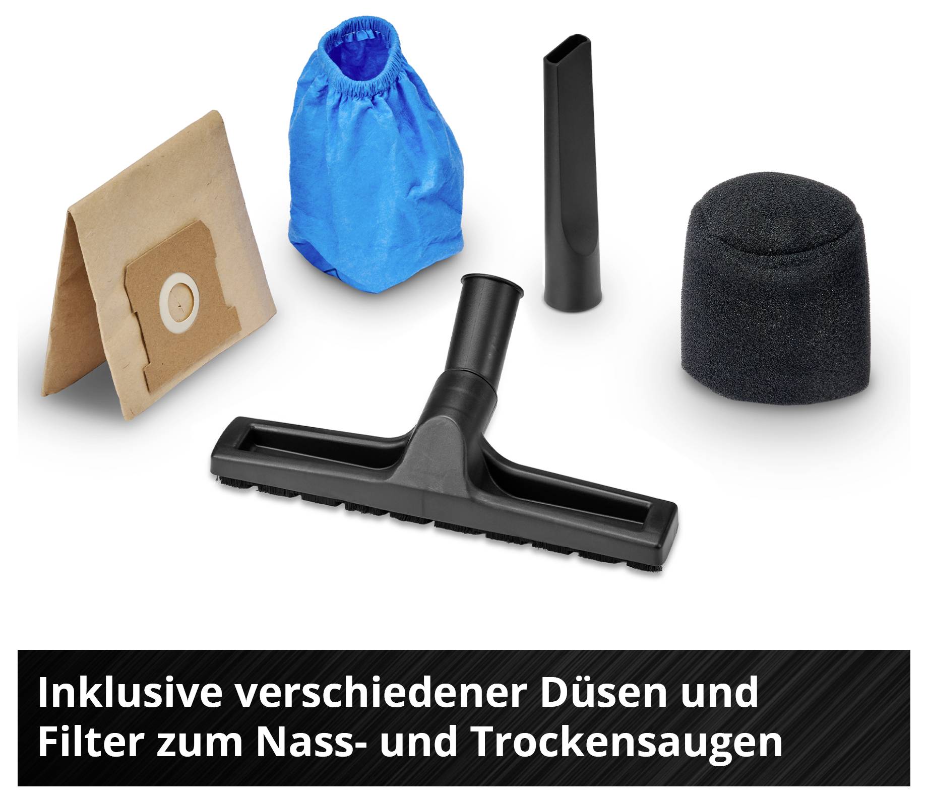 Különböző fúvókák és szűrők nedves és száraz porszívókhoz. Tartalmaz padlófúvókát, redős szűrőt, tömlőadaptert, porzsákot, textilszűrőt.