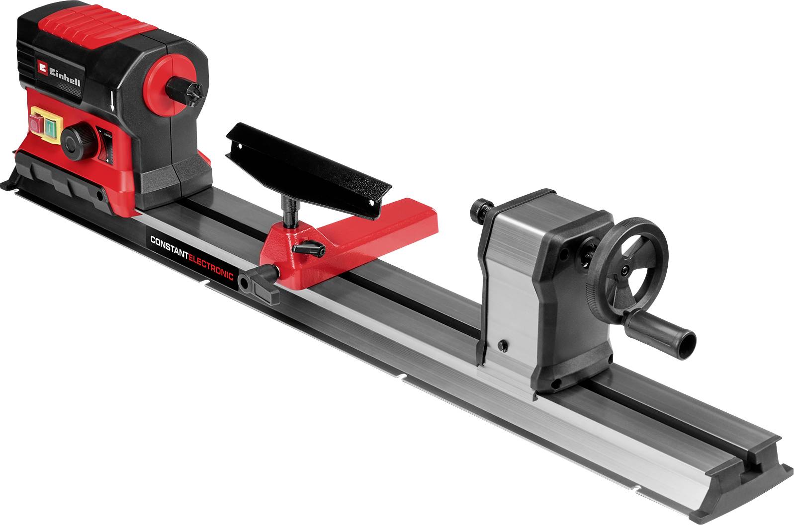 Egy faesztergagép piros és fekete dizájnnal, bal oldalán kezelőszervekkel és jobb oldalán egy kézi kerékkel a fa megmunkálásához.