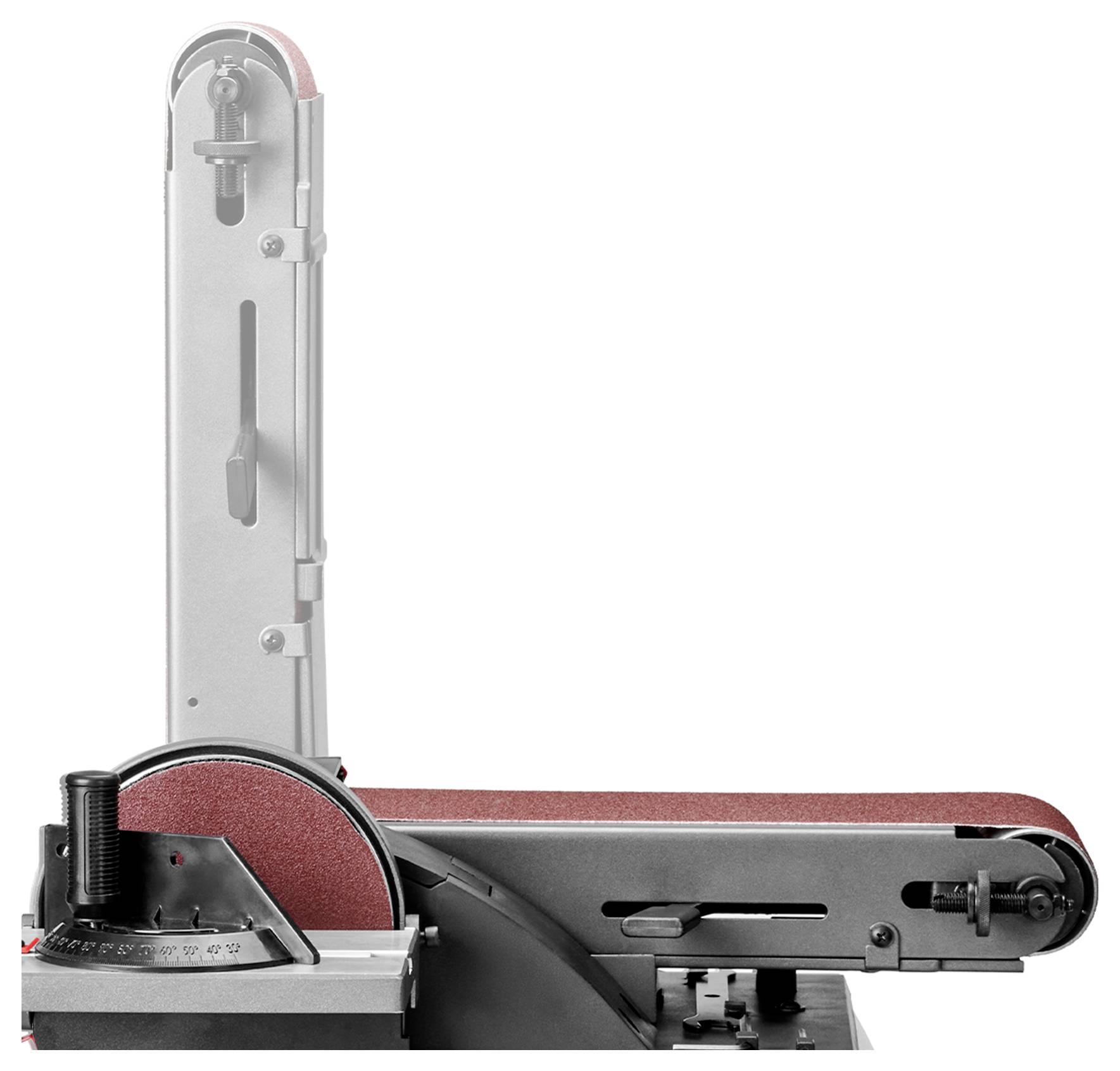 Szalag- és tárcsacsiszoló függőleges csiszolószalaggal és vízszintes tárcsával, amely kiemeli a gép állítható jellemzőit és funkcionalitását.