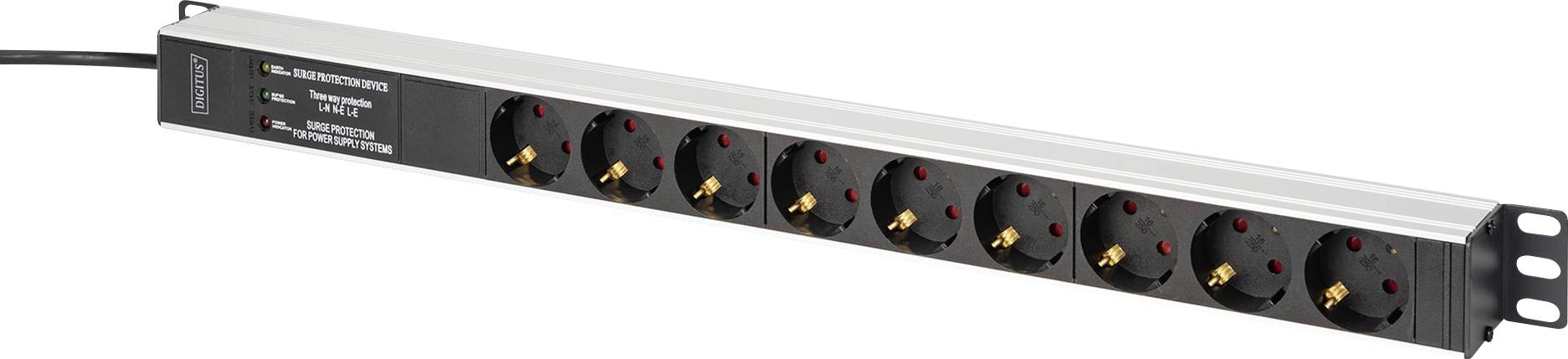 Digitus DN-95438 19 inch 19inch-patchkast Geaarde contactdoos Incl. 2 metalen houders, Overspanningsbescherming Zilver, Zwart