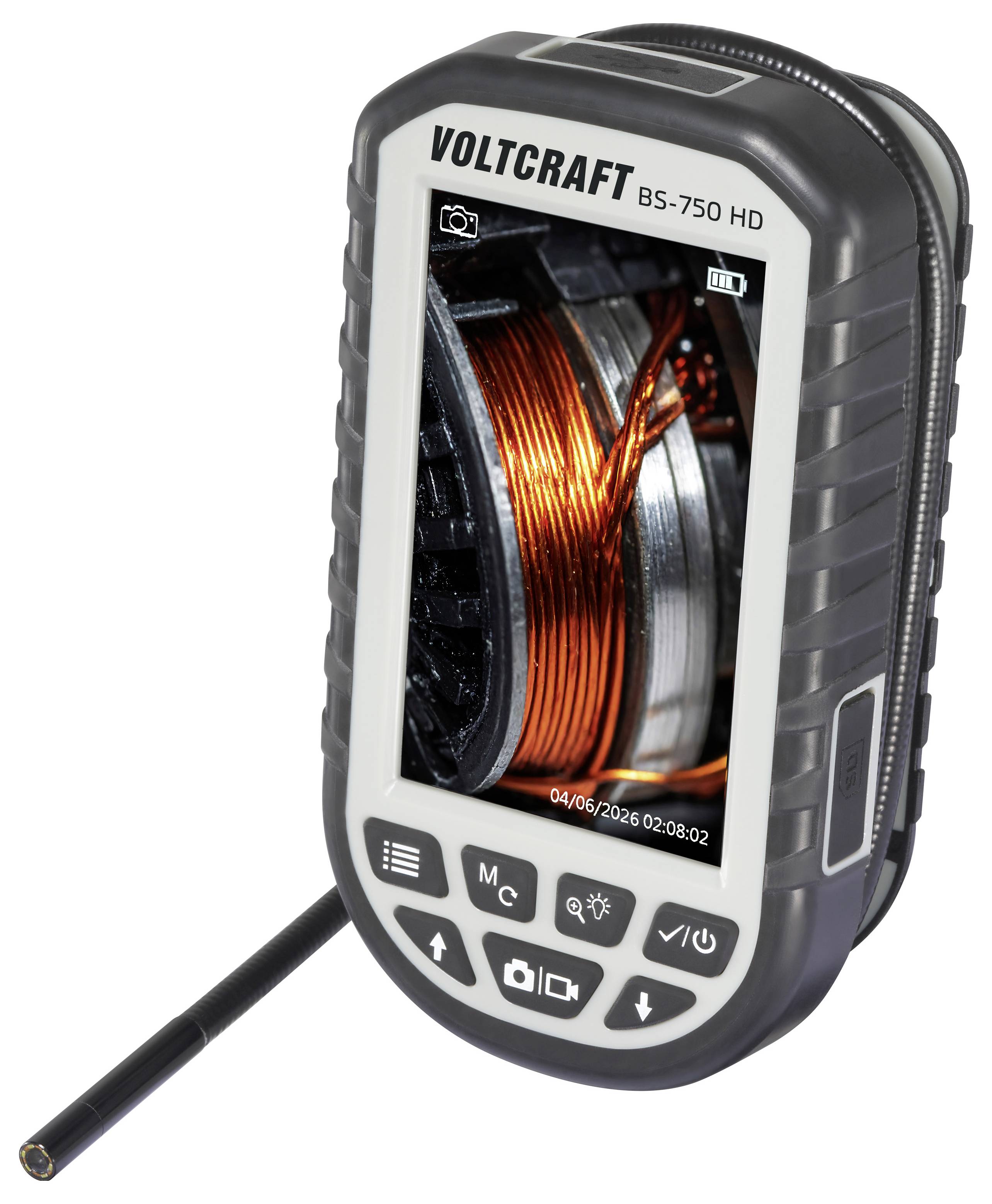 Egy kézi Voltcraft BS-750 HD készülék, amelynek kijelzőjén a rézhuzalozás közeli képe látható. Az eszközön vezérlőgombok találhatók.