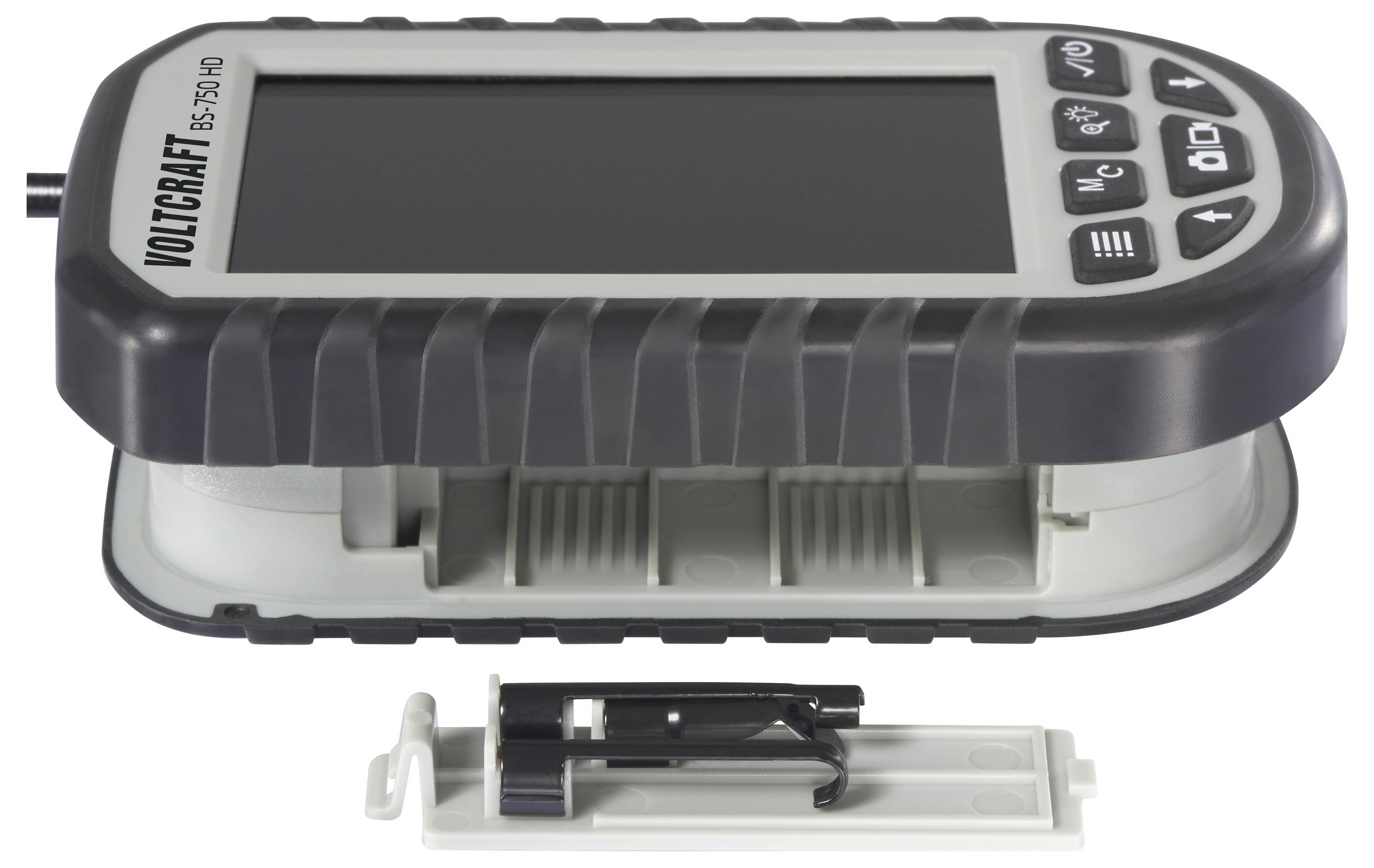 Egy „VOLTCRAFT BS-150 XHD" jelzésű voltmérő kijelzővel és vezérlőgombokkal, amely mellett nyitott akkumulátor-rekesz fedele helyezkedik el.